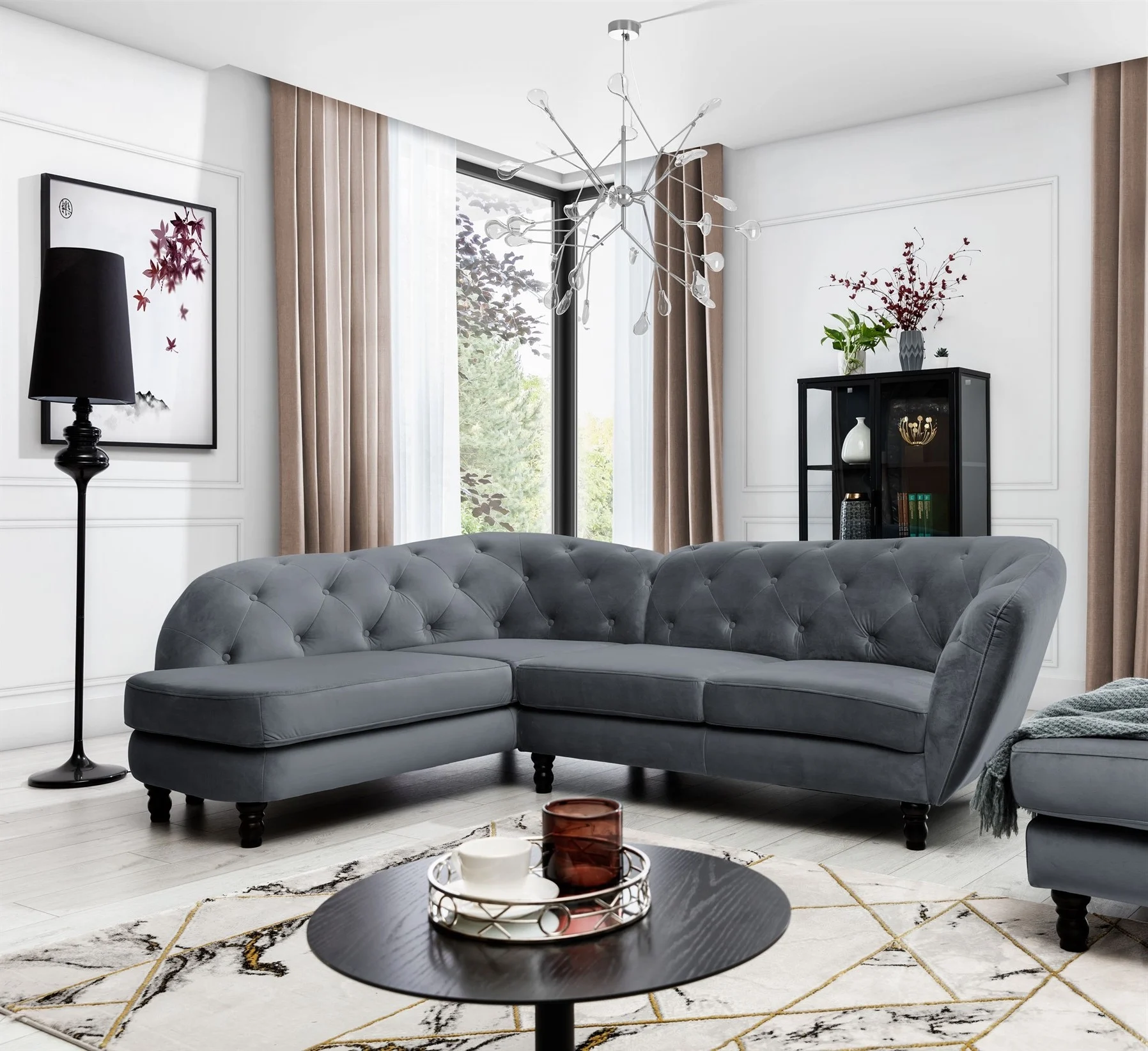 Ecksofa Designersofa CHARLOTTE in Stoff Matt Velvet Anthrazit Ottomane Links - Fun Moebel