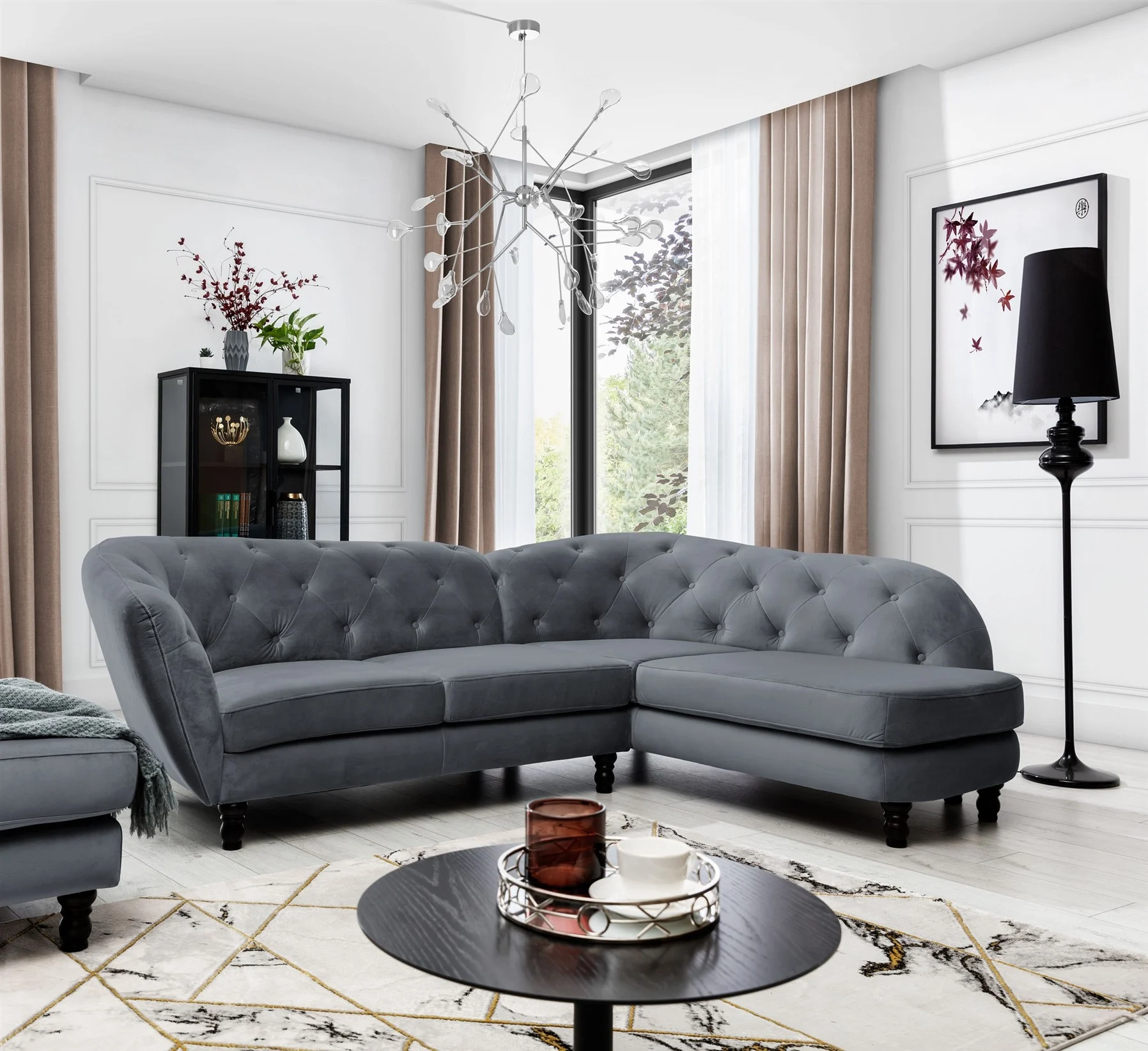 Ecksofa Designersofa CHARLOTTE in Stoff Matt Velvet Anthrazit Ottomane Rechts - Fun Moebel