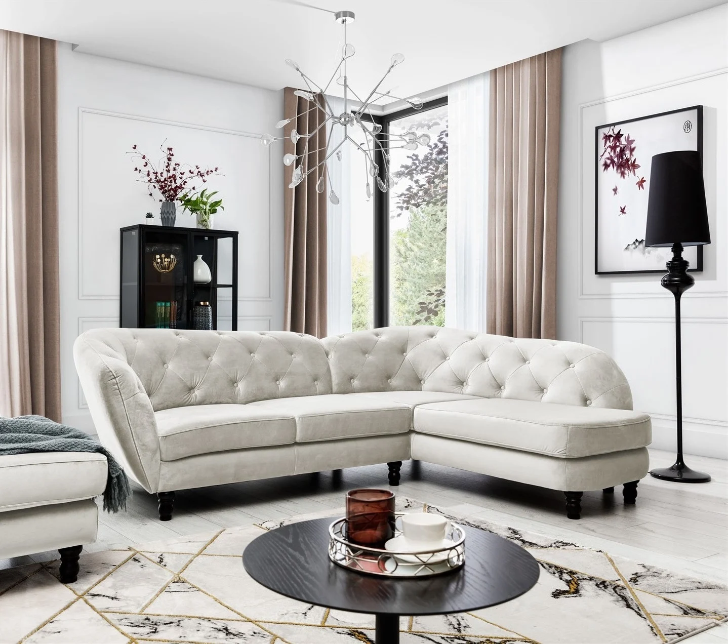 Ecksofa Designersofa CHARLOTTE in Stoff Matt Velvet Beige Ottomane Rechts - Fun Moebel