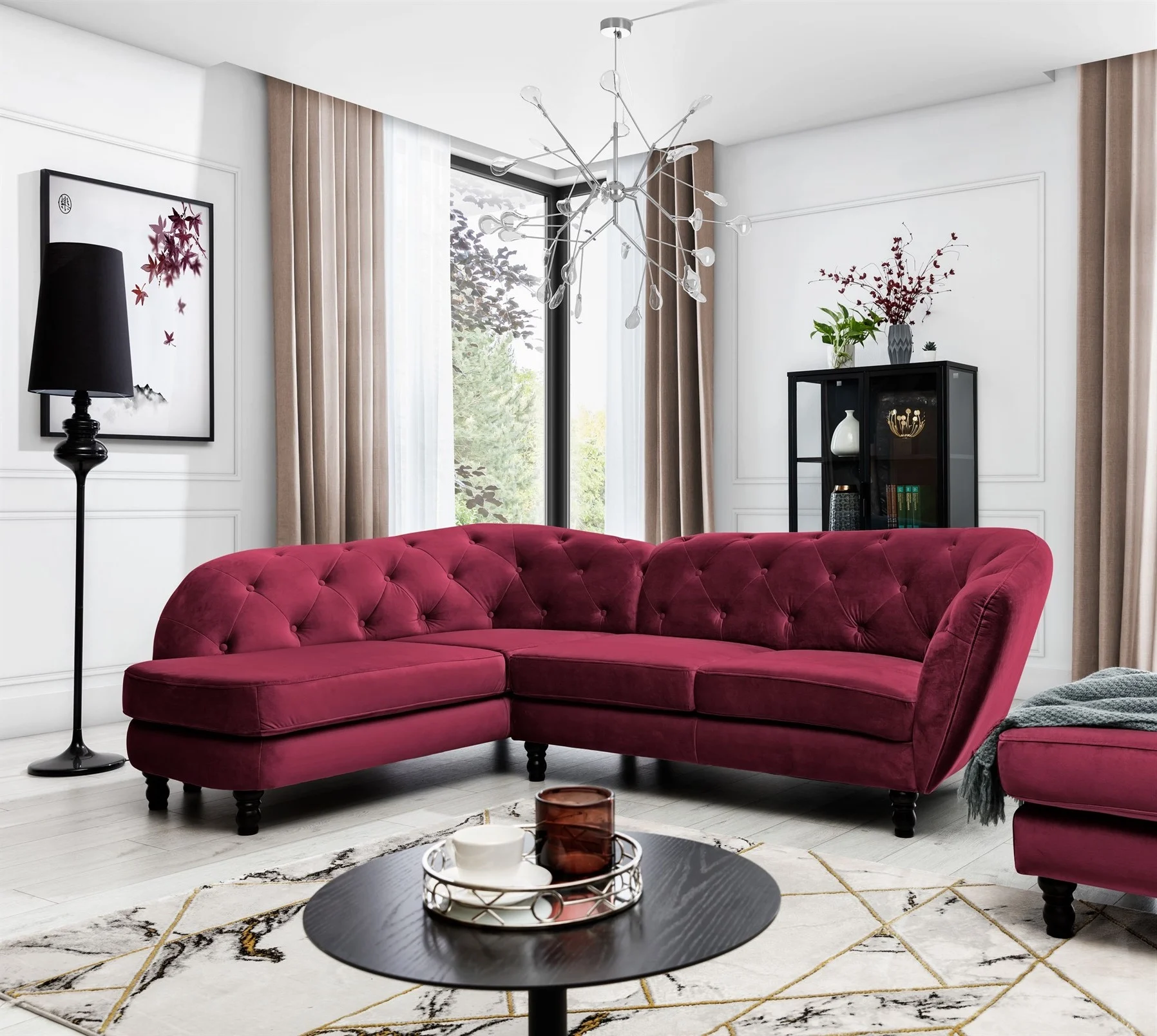 Ecksofa Designersofa CHARLOTTE in Stoff Matt Velvet Bordeaux Ottomane Links - Fun Moebel