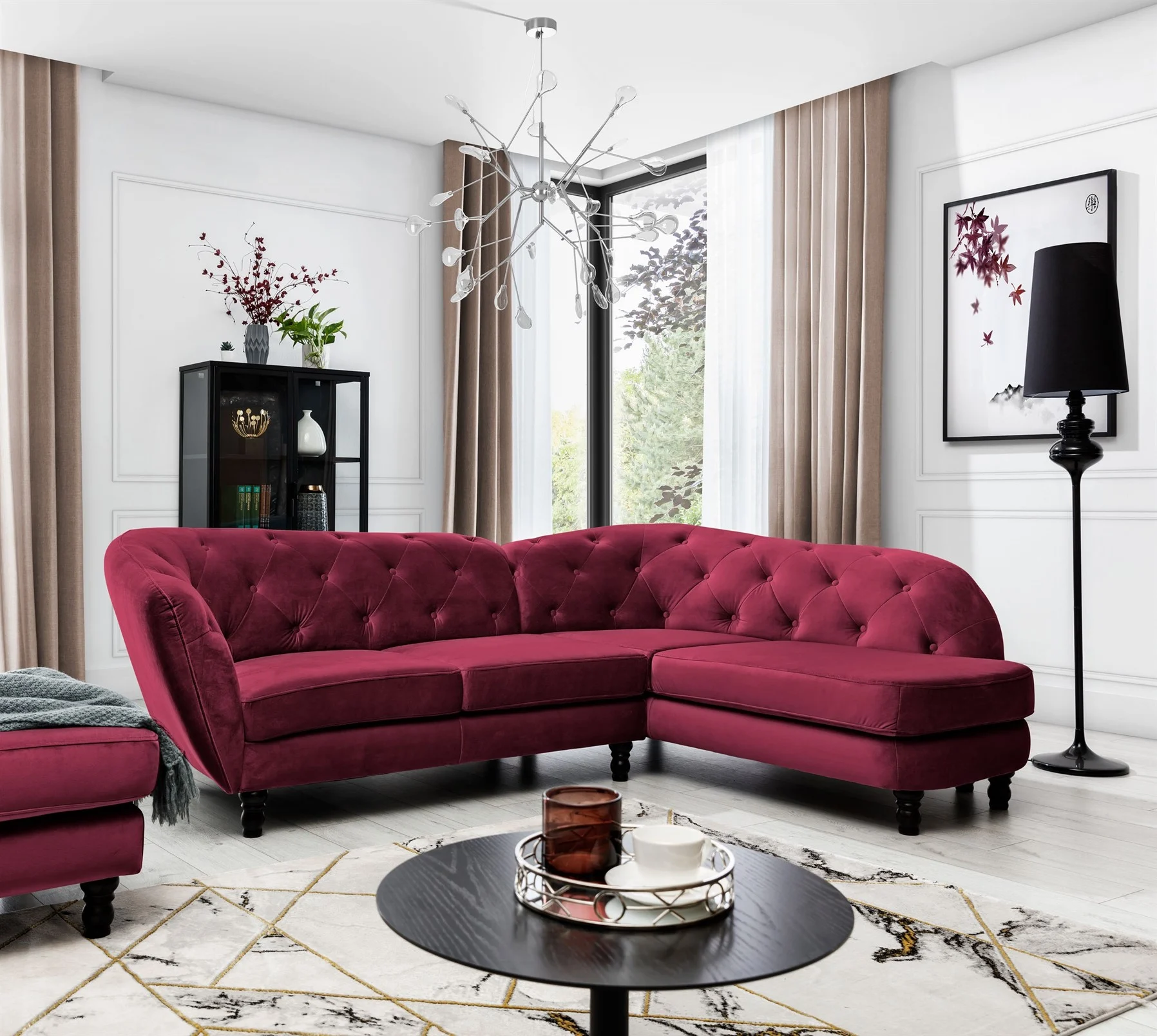 Ecksofa Designersofa CHARLOTTE in Stoff Matt Velvet Bordeaux Ottomane Rechts - Fun Moebel