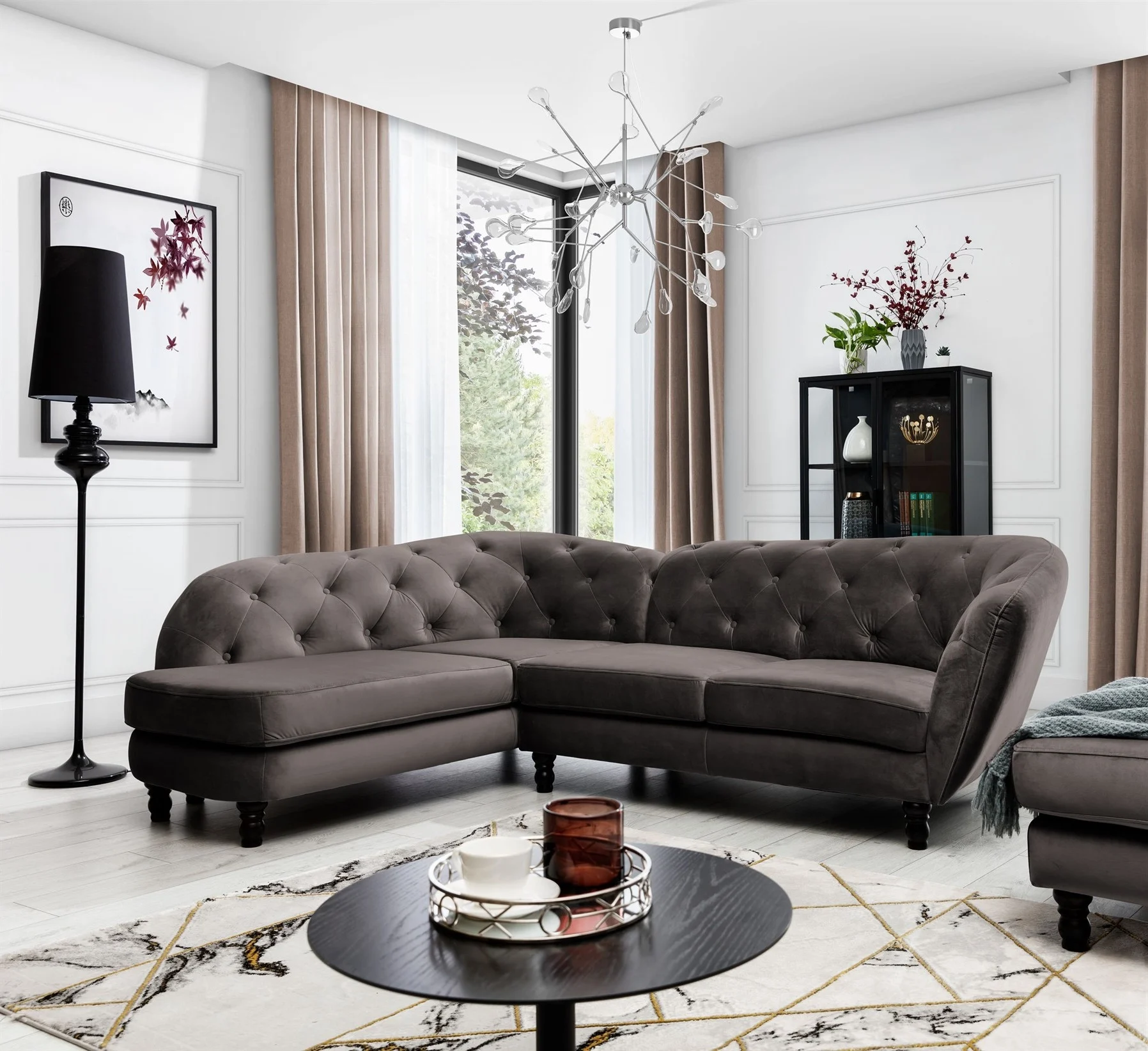 Ecksofa Designersofa CHARLOTTE in Stoff Matt Velvet Braun Ottomane Links - Fun Moebel