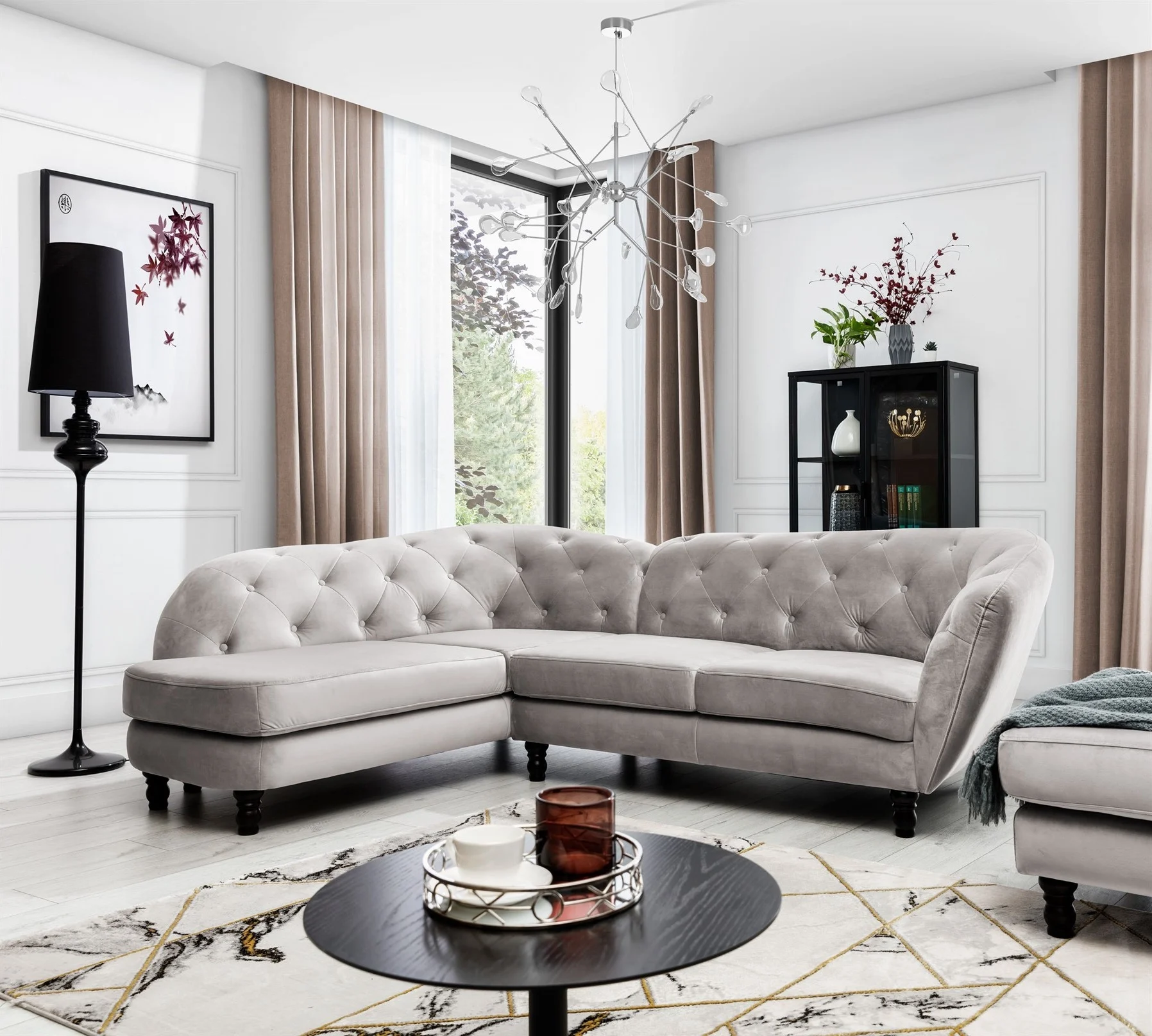 Ecksofa Designersofa CHARLOTTE in Stoff Matt Velvet Cappuccino Ottomane Links - Fun Moebel