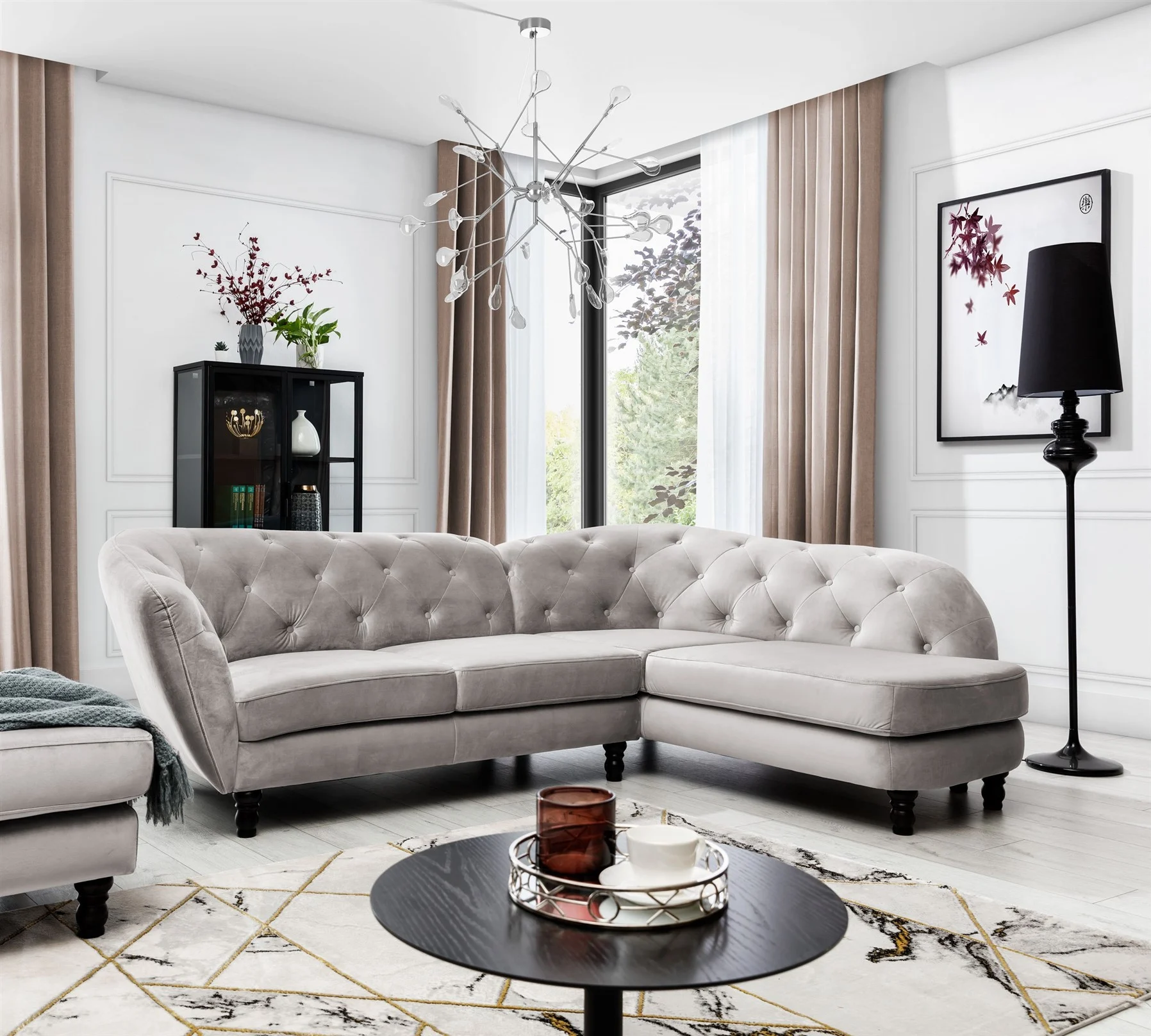 Ecksofa Designersofa CHARLOTTE in Stoff Matt Velvet Cappuccino Ottomane Rechts - Fun Moebel