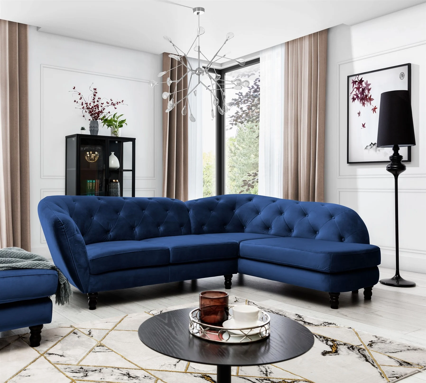 Ecksofa Designersofa CHARLOTTE in Stoff Matt Velvet Dunkelblau Ottomane Rechts - Fun Moebel
