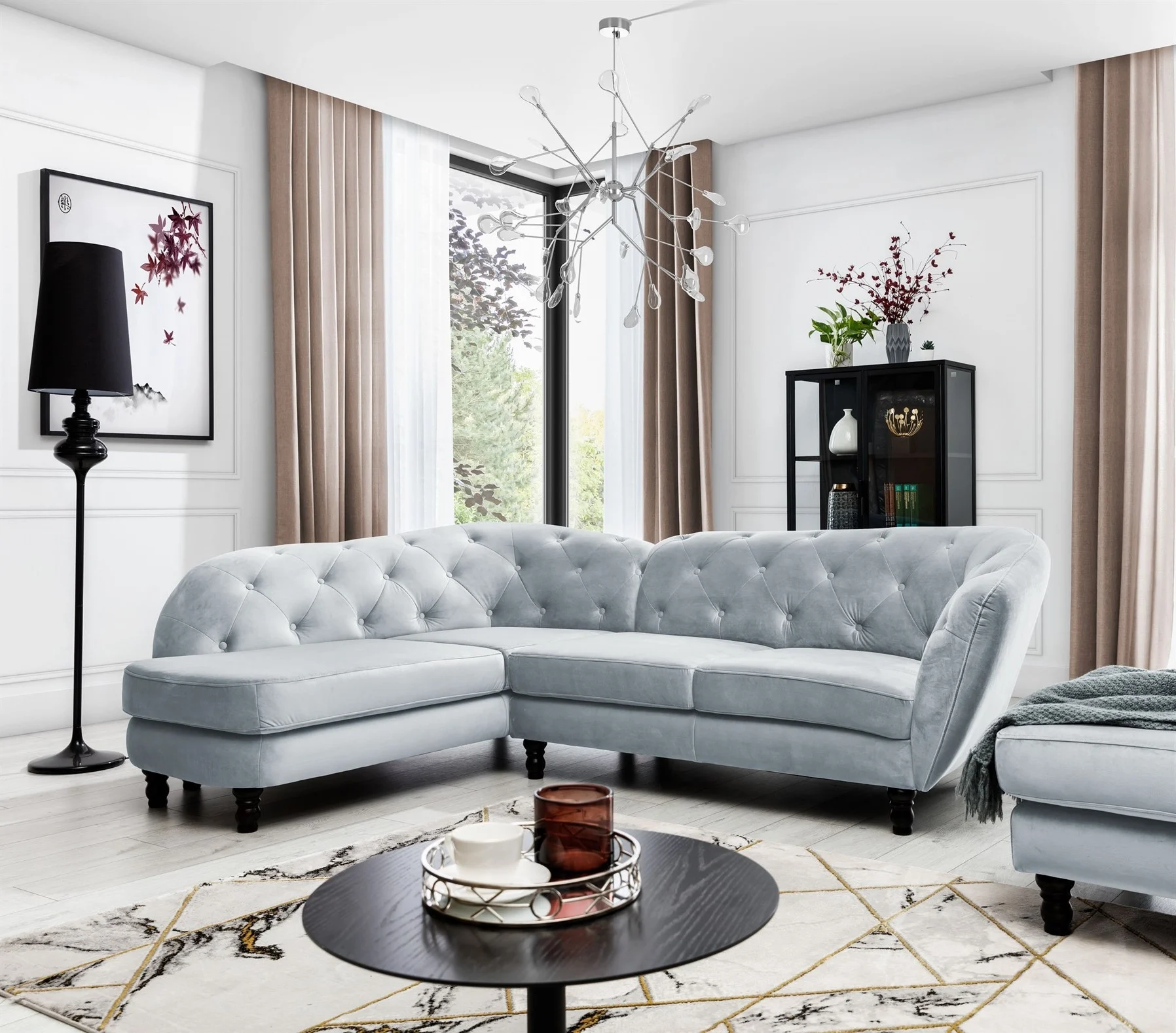 Ecksofa Designersofa CHARLOTTE in Stoff Matt Velvet Hellgrau Ottomane Links - Fun Moebel