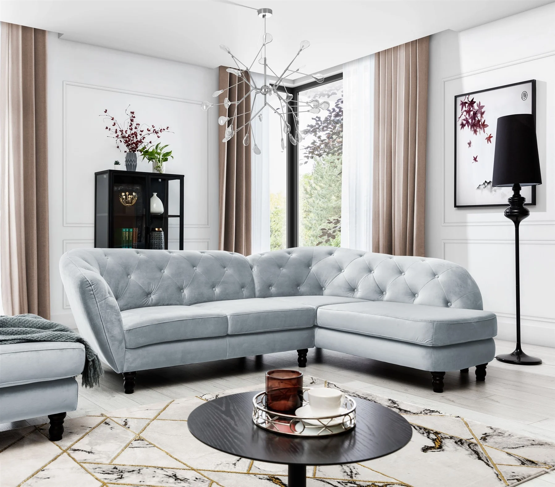Ecksofa Designersofa CHARLOTTE in Stoff Matt Velvet Hellgrau Ottomane Rechts - Fun Moebel