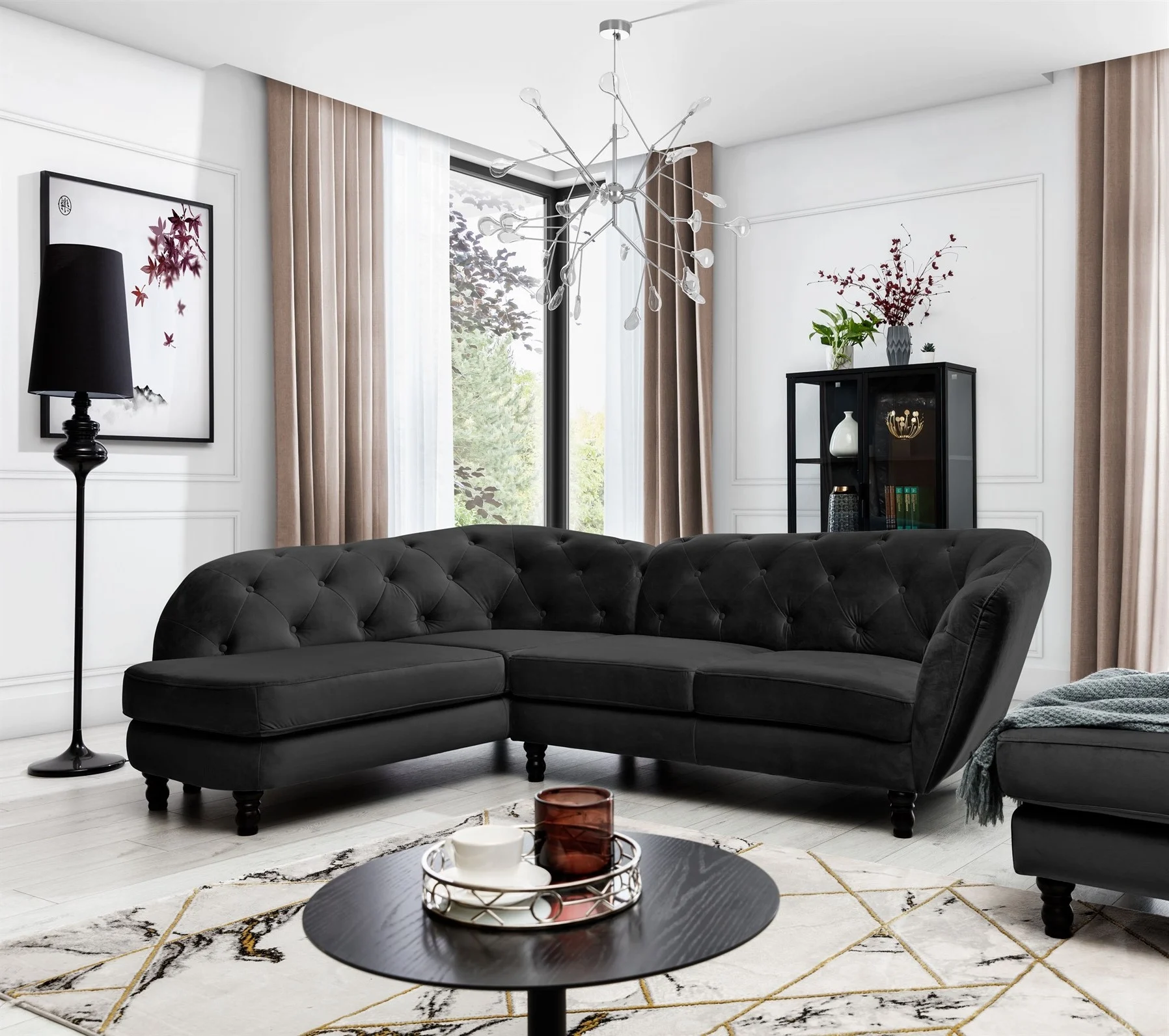 Ecksofa Designersofa CHARLOTTE in Stoff Matt Velvet Schwarz Ottomane Links - Fun Moebel