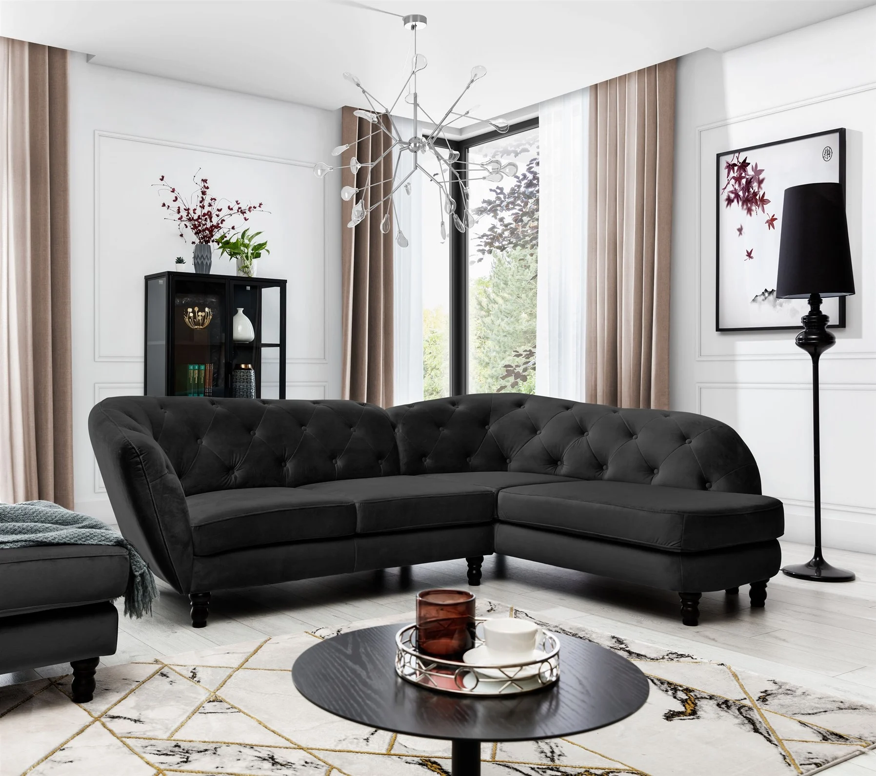 Ecksofa Designersofa CHARLOTTE in Stoff Matt Velvet Schwarz Ottomane Rechts - Fun Moebel