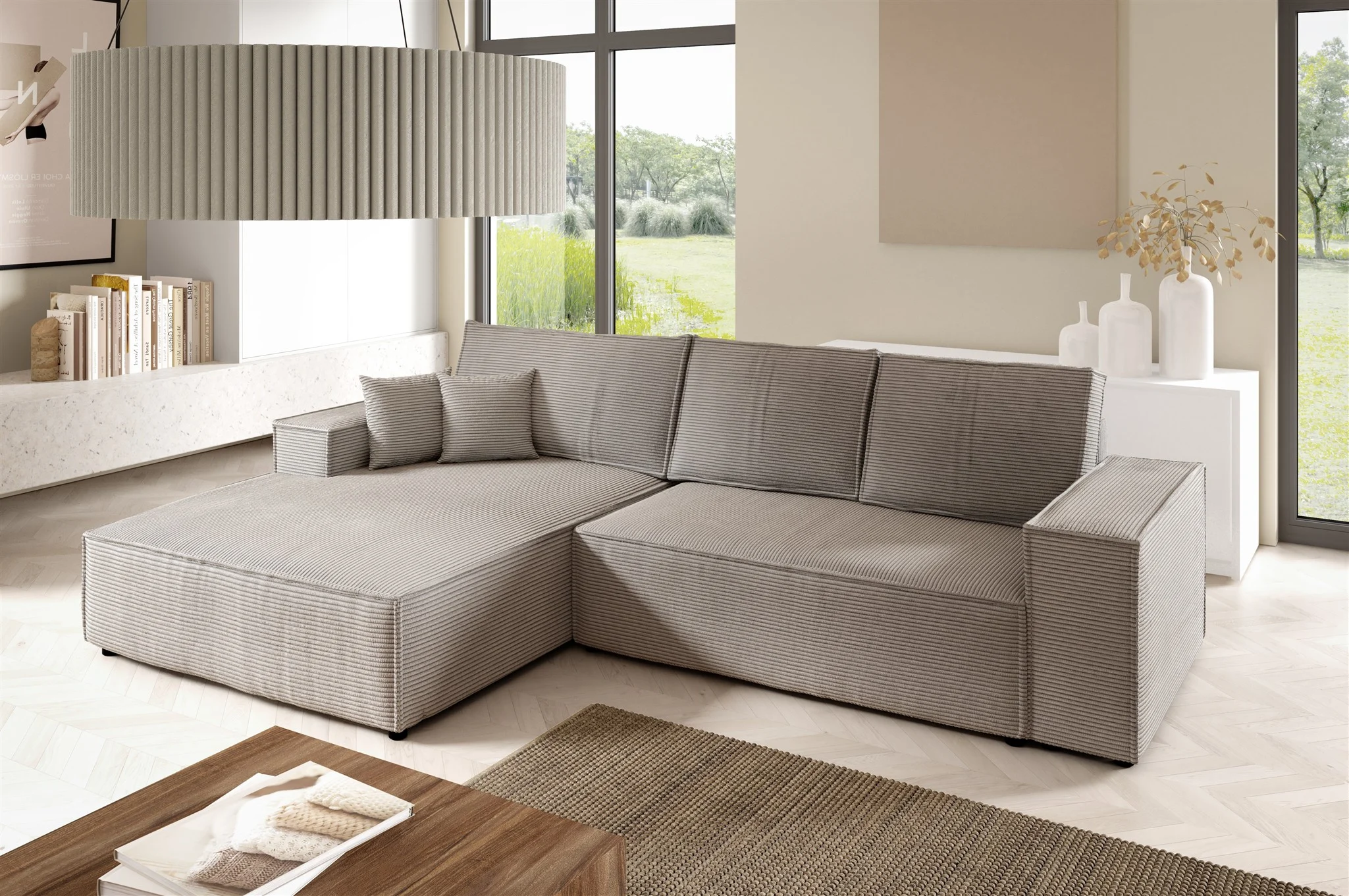 Ecksofa Schlafsofa CORUNIA Stoff Poso Hellbraun Ottomane Links - Fun Möbel