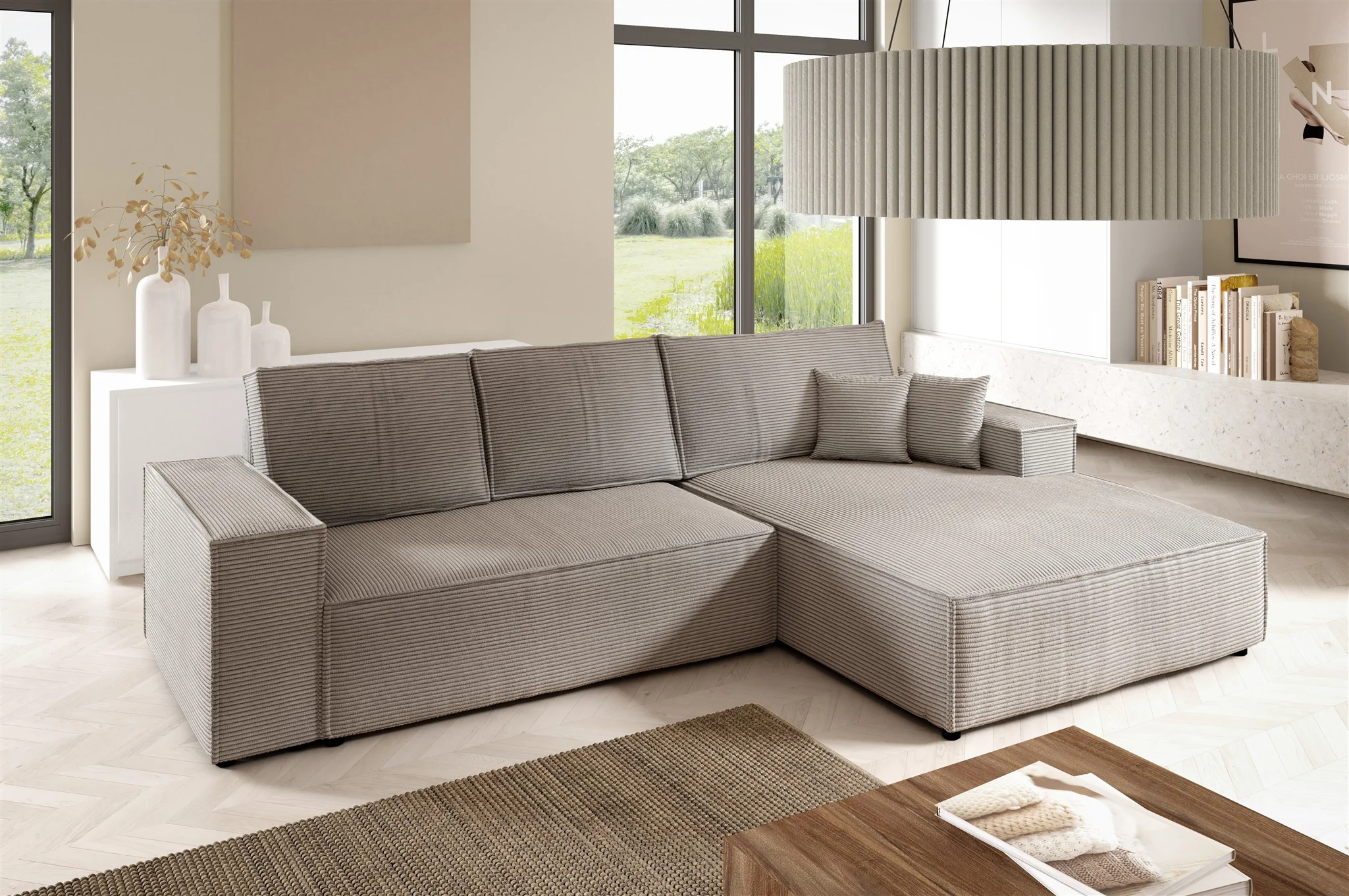 Ecksofa Schlafsofa CORUNIA Stoff Poso Hellbraun Ottomane Rechts - Fun Möbel