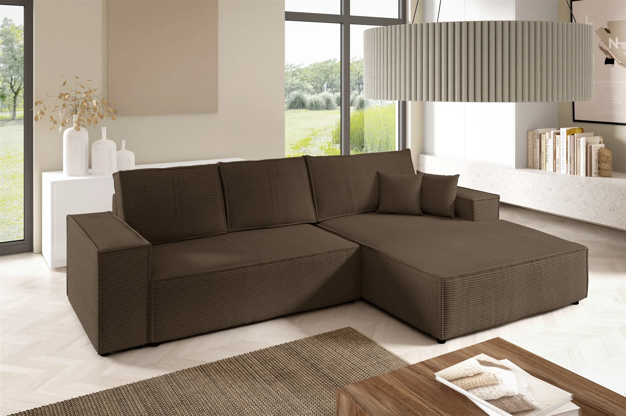 Ecksofa Schlafsofa CORUNIA Stoff Poso Braun Ottomane Rechts - Fun Möbel