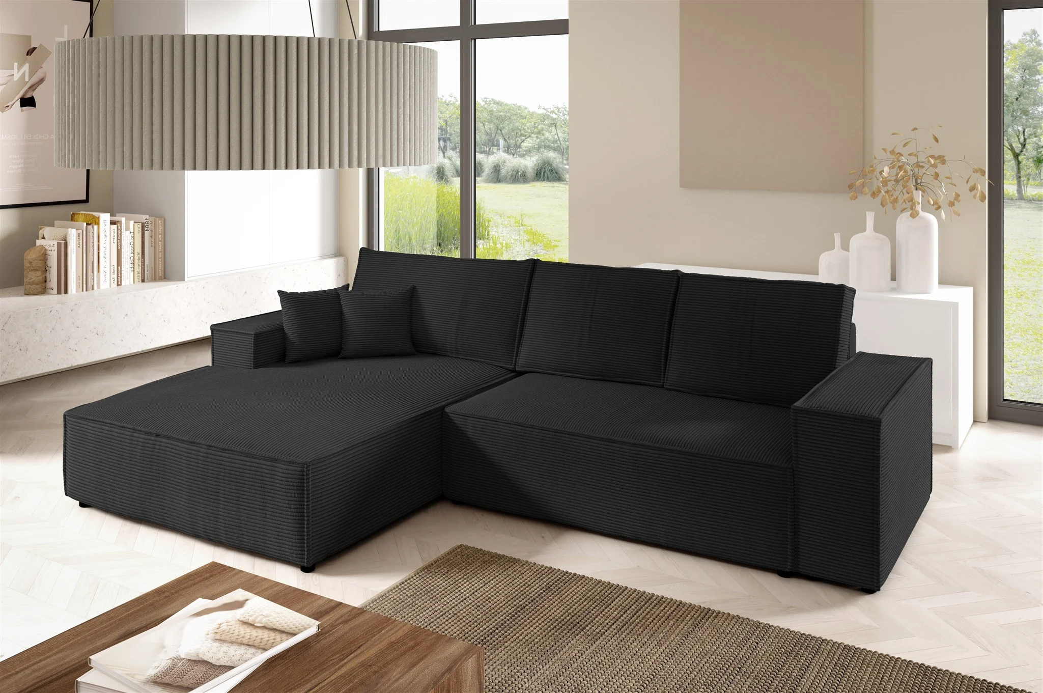 Ecksofa Schlafsofa CORUNIA Stoff Poso Schwarz Ottomane Links - Fun Möbel