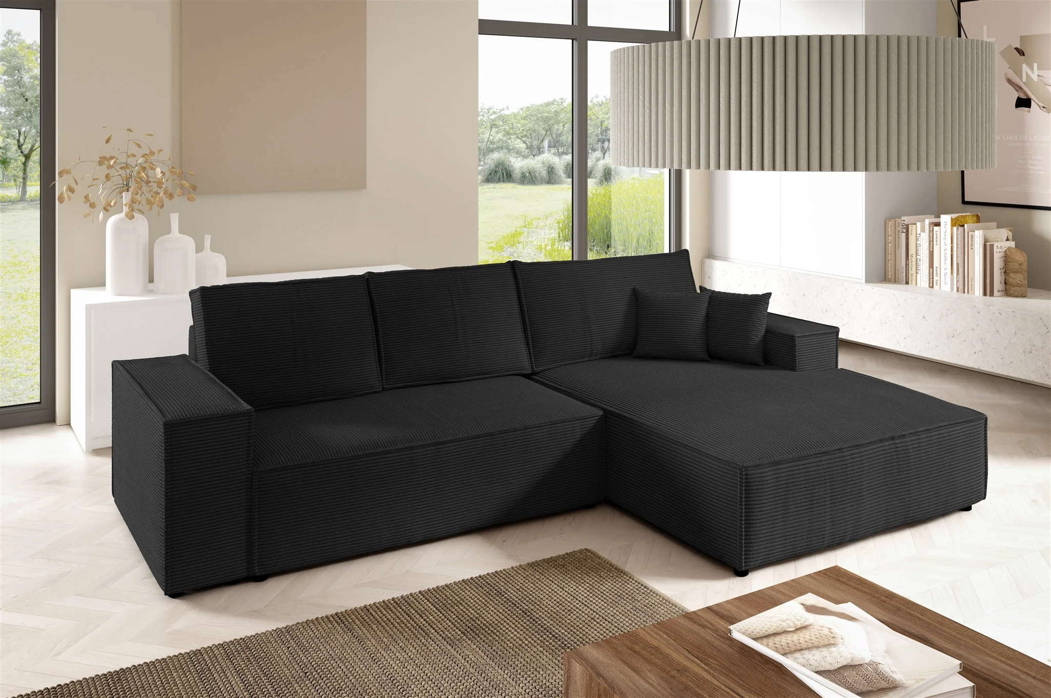 Ecksofa Schlafsofa CORUNIA Stoff Poso Schwarz Ottomane Rechts - Fun Möbel