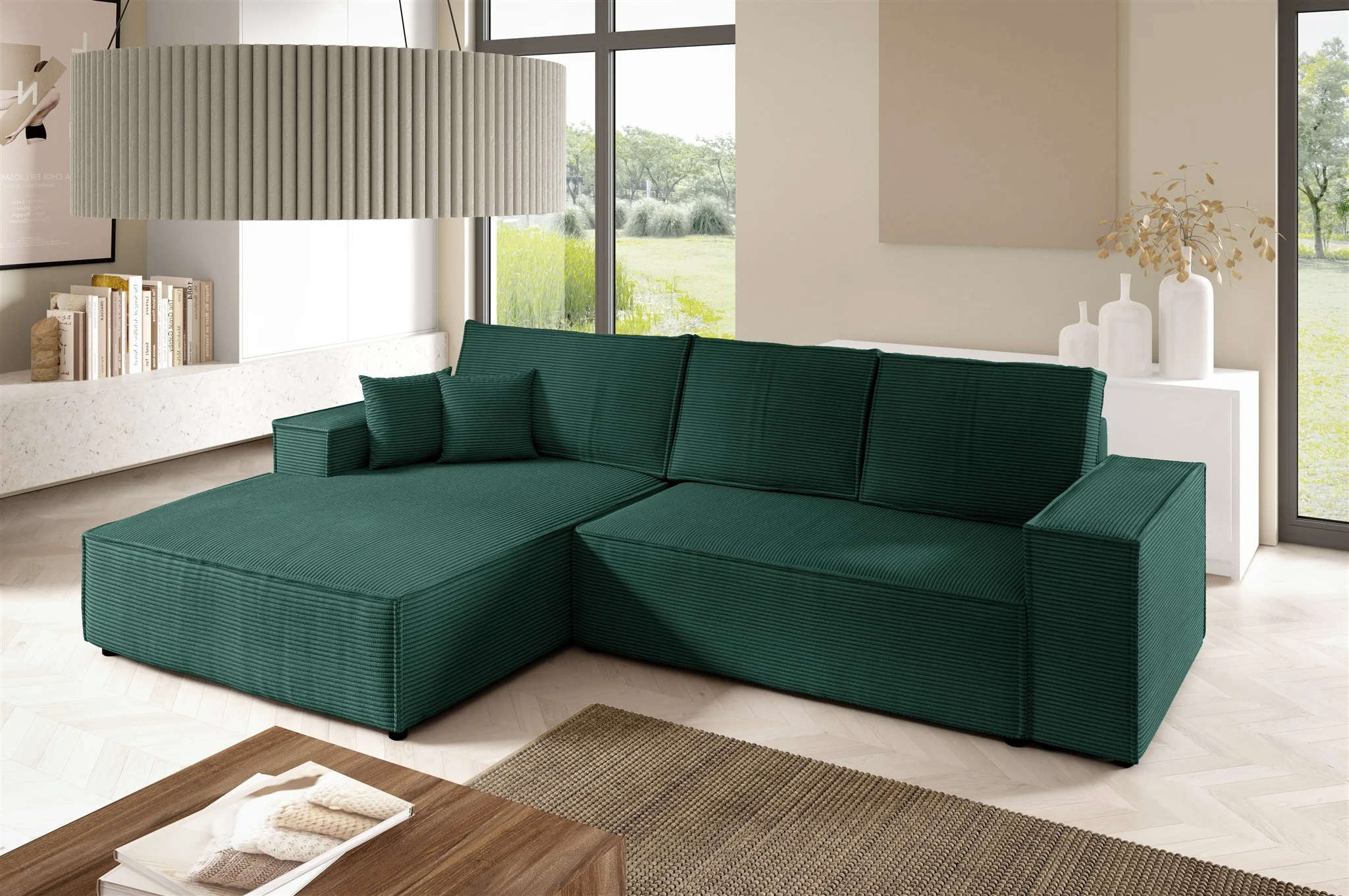 Ecksofa Schlafsofa CORUNIA Stoff Poso Grün Ottomane Links - Fun Möbel