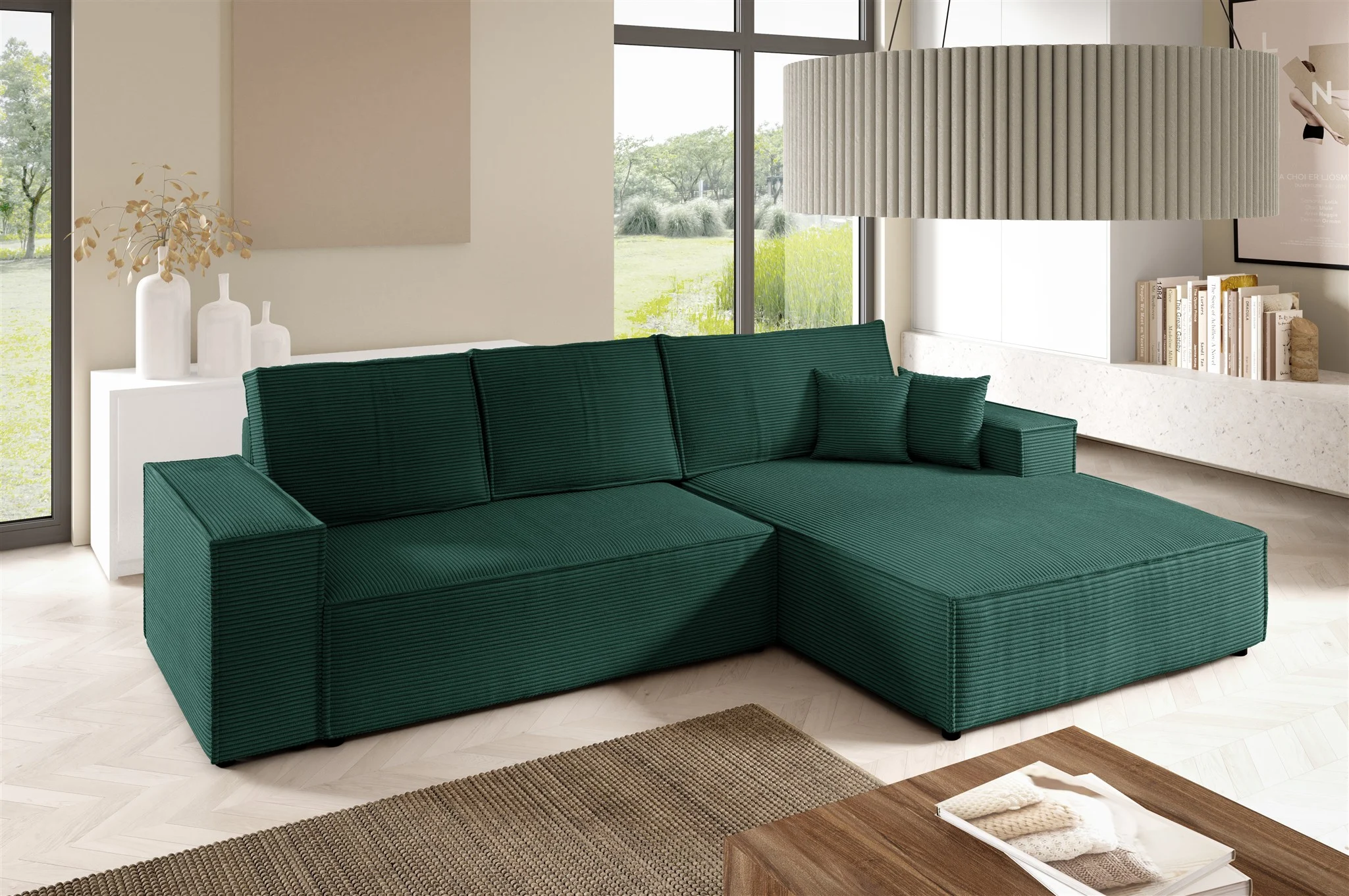 Ecksofa Schlafsofa CORUNIA Stoff Poso Grün Ottomane Rechts - Fun Möbel