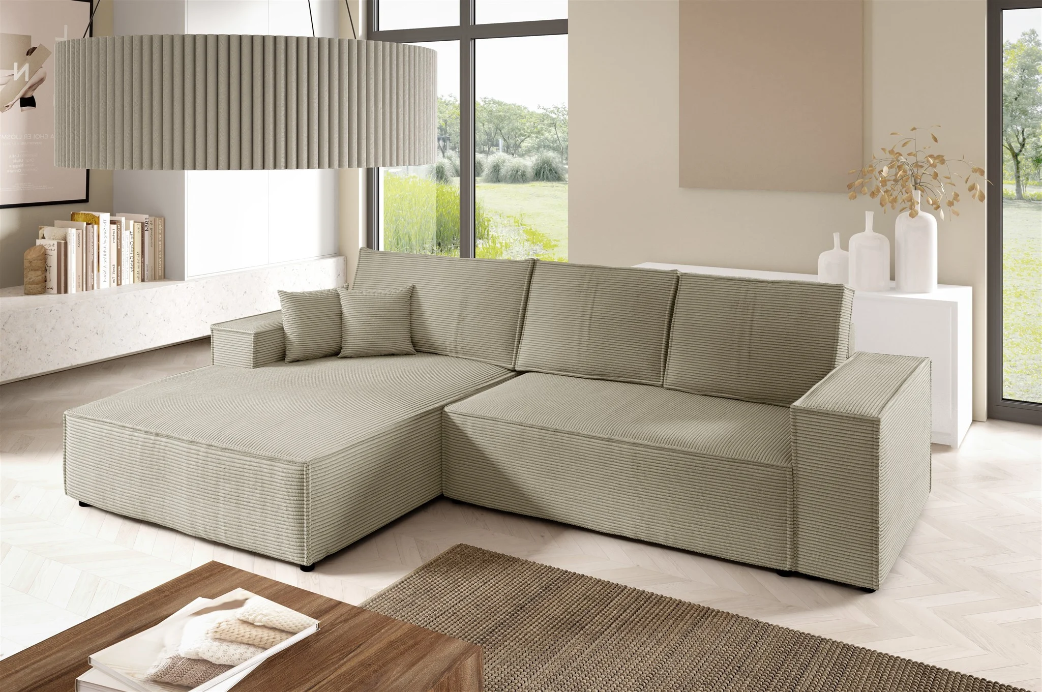 Ecksofa Schlafsofa CORUNIA Stoff Poso Graubeige Ottomane Links - Fun Möbel