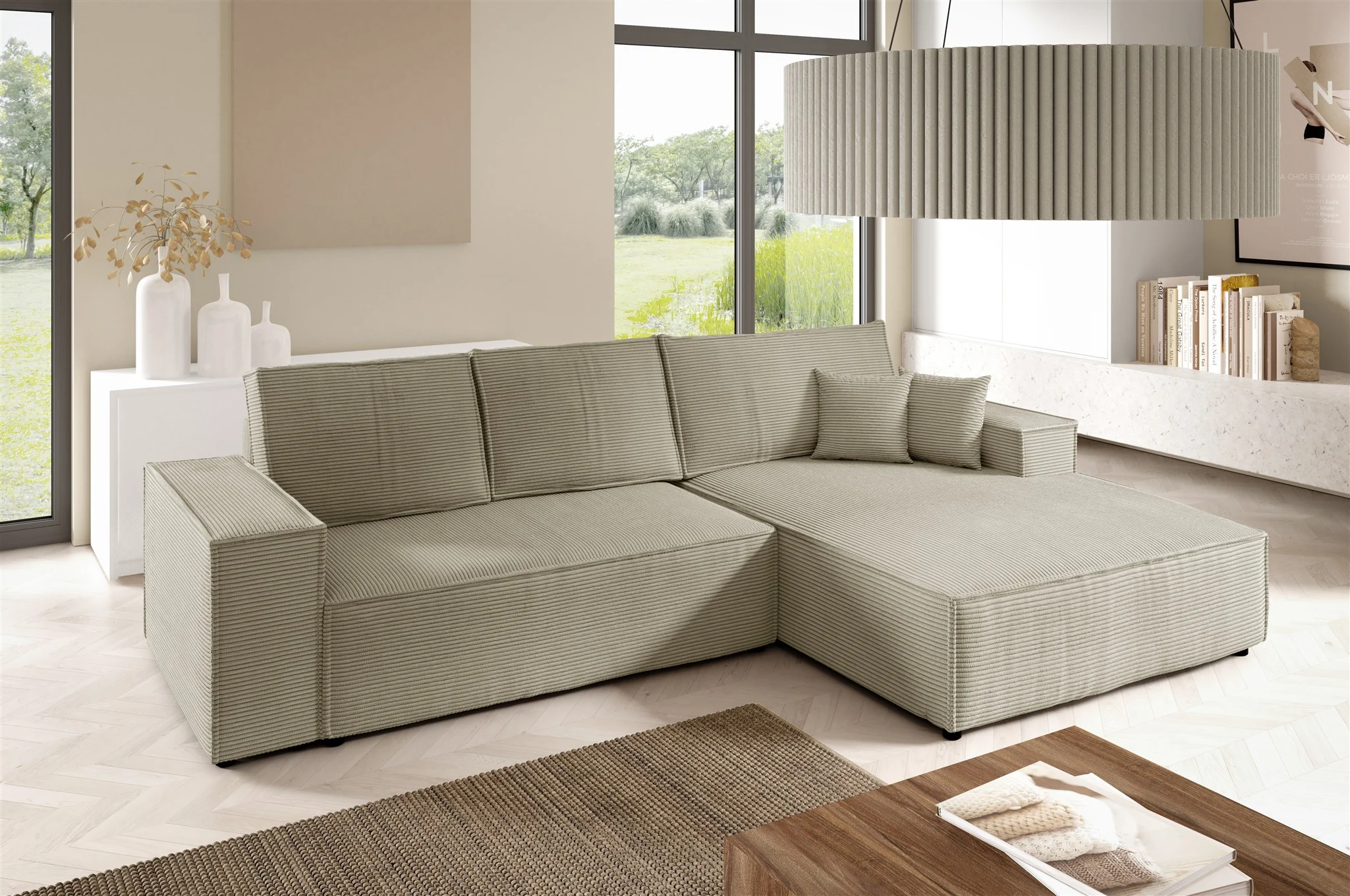 Ecksofa Schlafsofa CORUNIA Stoff Poso Graubeige Ottomane Rechts - Fun Möbel