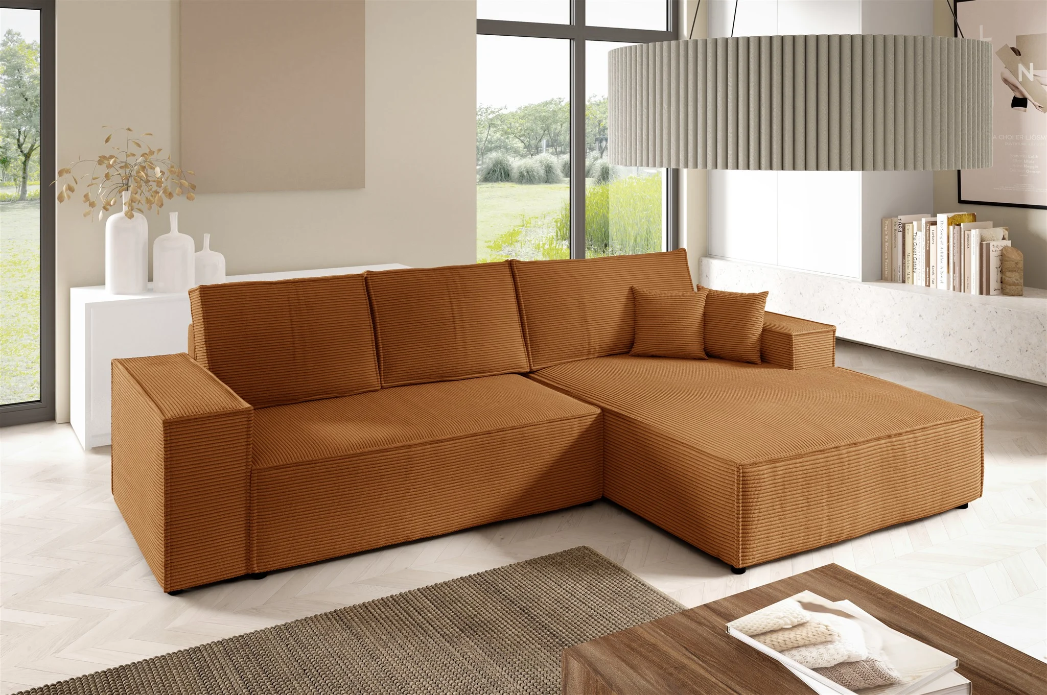 Ecksofa Schlafsofa CORUNIA Stoff Poso Rostbraun Ottomane Rechts - Fun Möbel