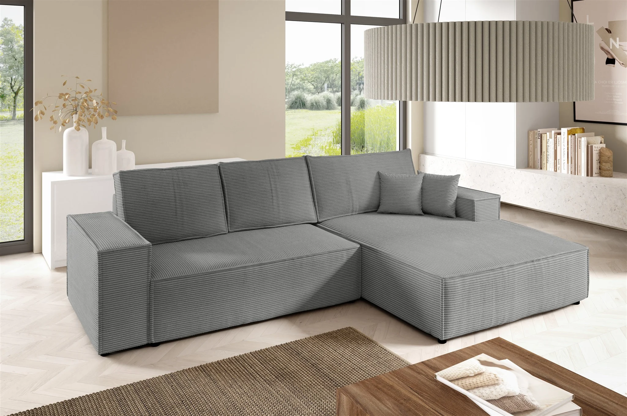 Ecksofa Schlafsofa CORUNIA Stoff Poso Graublau Ottomane Rechts - Fun Möbel