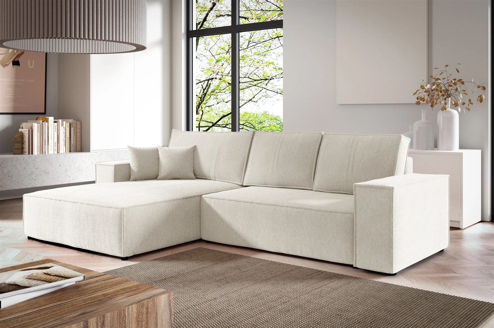 Ecksofa Schlafsofa CORUNIA Stoff Aragon Weiß Ottomane Links - Fun Möbel