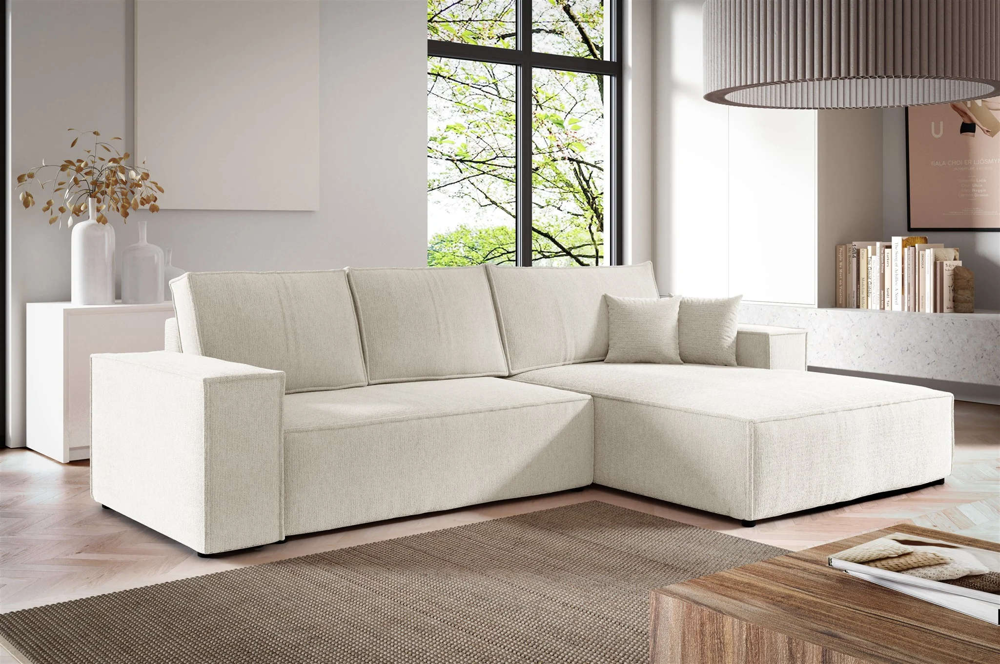 Ecksofa Schlafsofa CORUNIA Stoff Aragon Weiß Ottomane Rechts - Fun Möbel