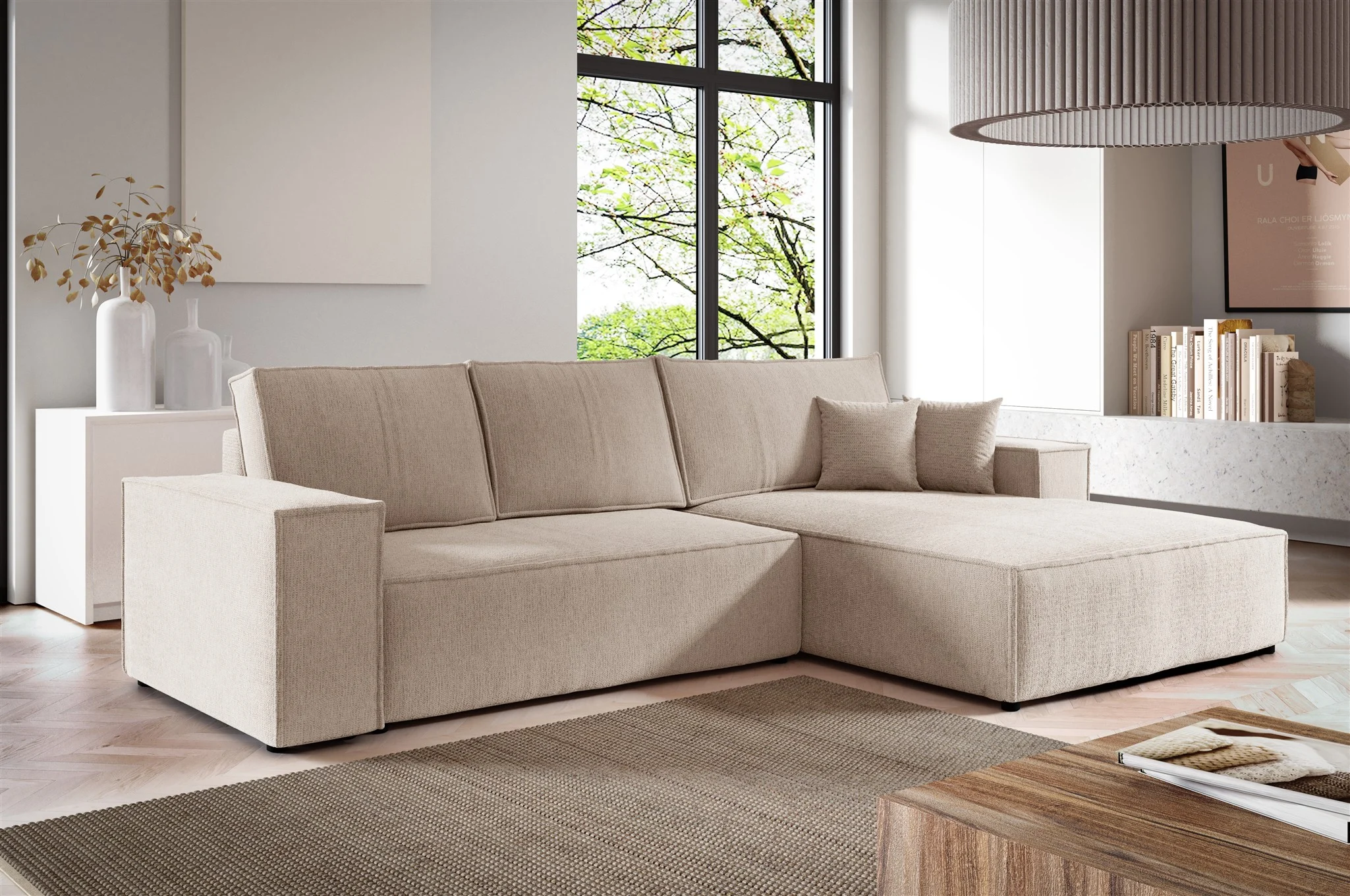 Ecksofa Schlafsofa CORUNIA Stoff Aragon Beige Ottomane Rechts - Fun Möbel