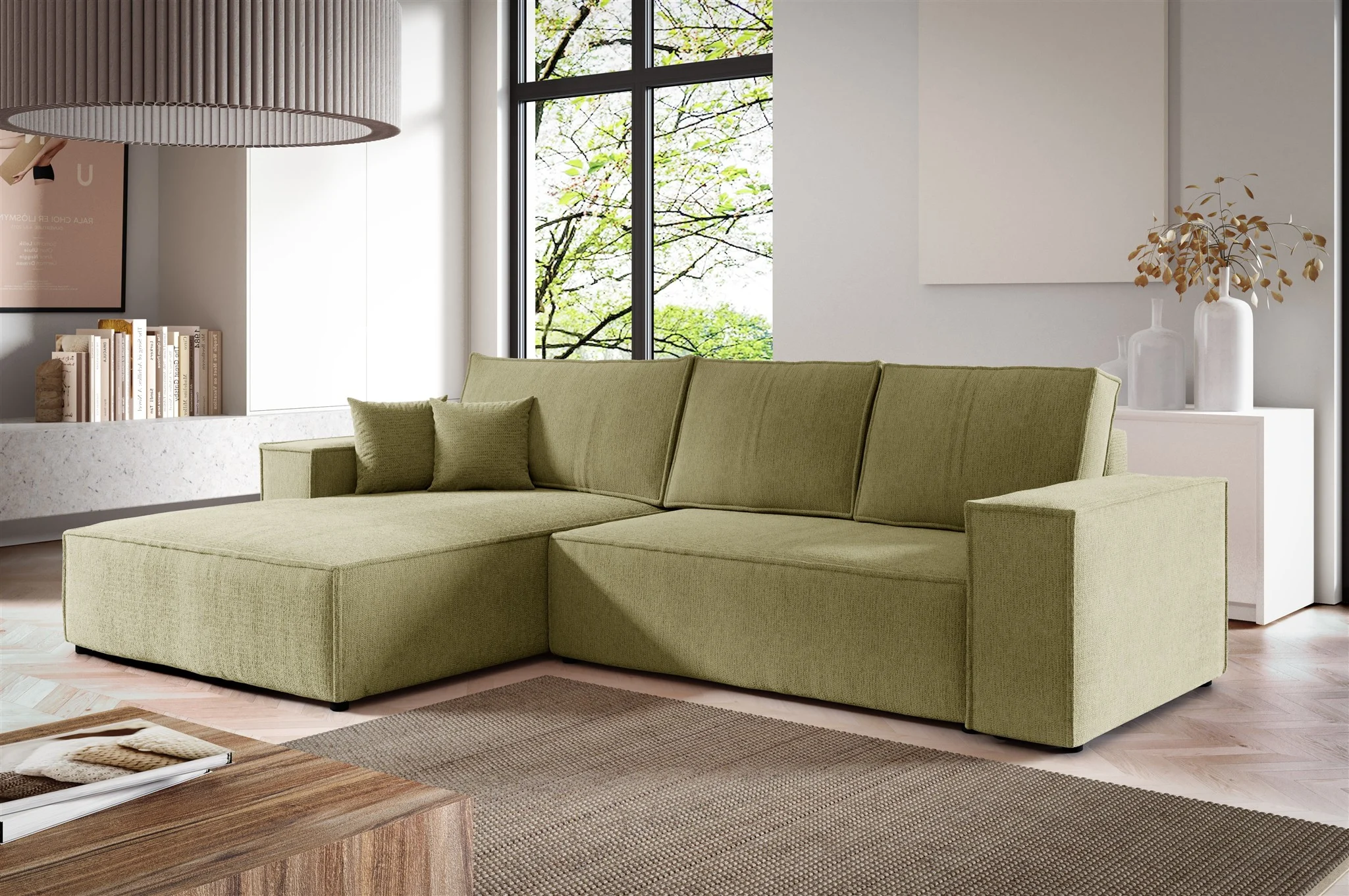 Ecksofa Schlafsofa CORUNIA Stoff Aragon Olivgrün Ottomane Links - Fun Möbel