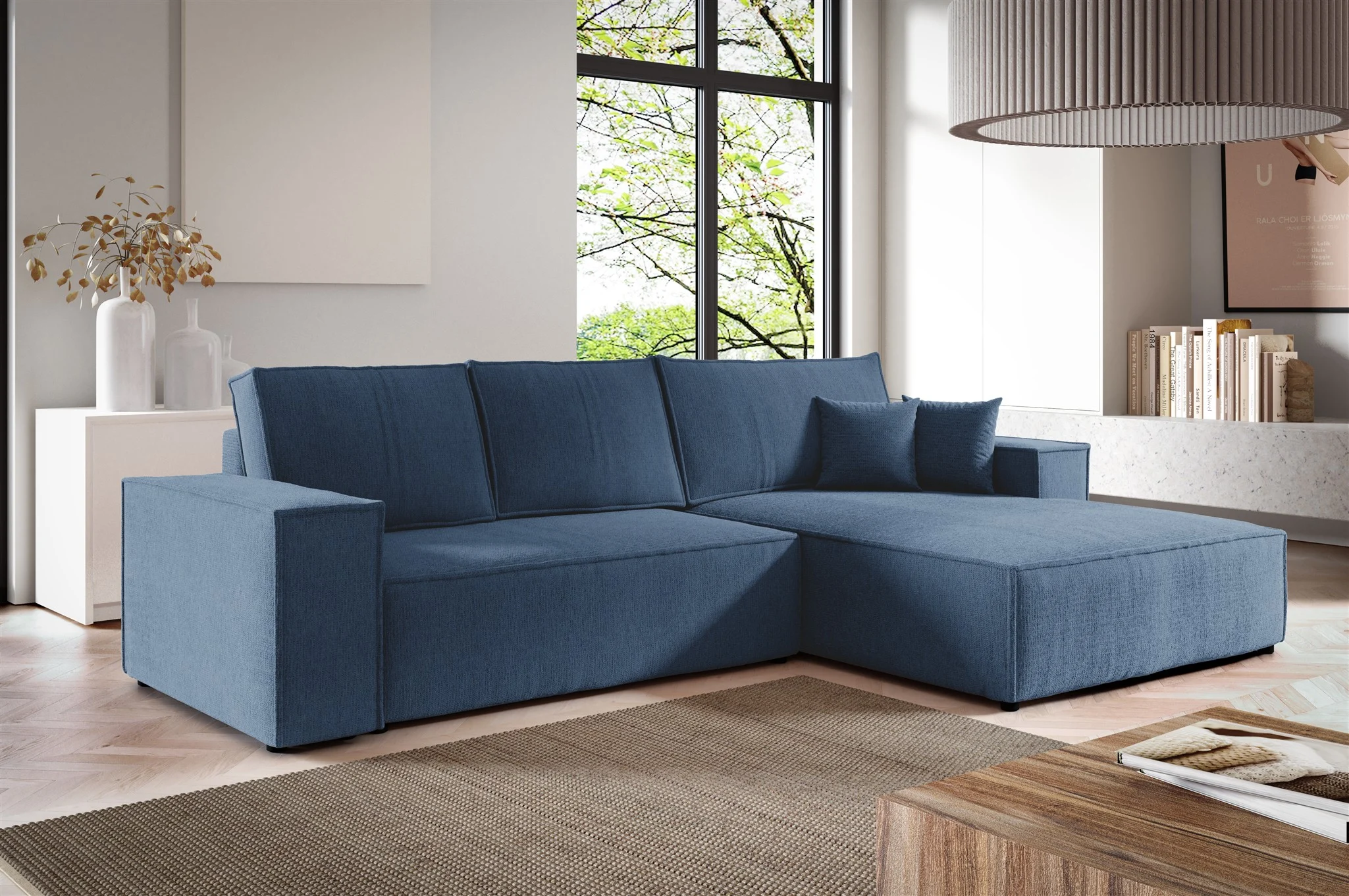 Ecksofa Schlafsofa CORUNIA Stoff Aragon Blau Ottomane Rechts - Fun Möbel