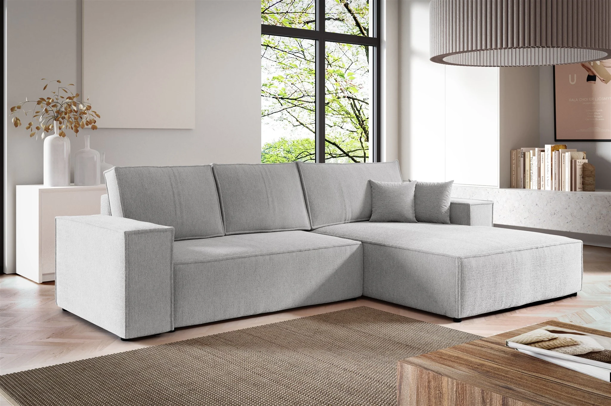 Ecksofa Schlafsofa CORUNIA Stoff Aragon Hellgrau Ottomane Rechts - Fun Möbel