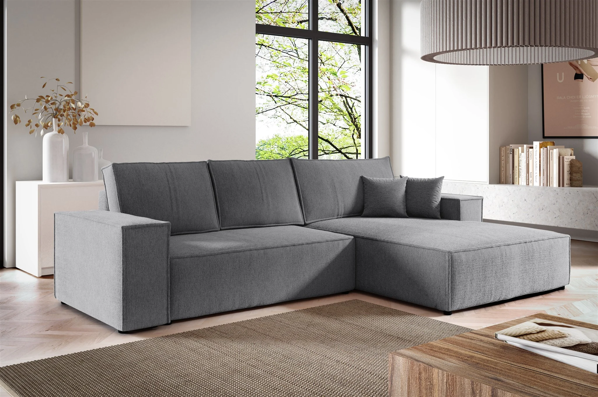 Ecksofa Schlafsofa CORUNIA Stoff Aragon Grau Ottomane Rechts - Fun Möbel