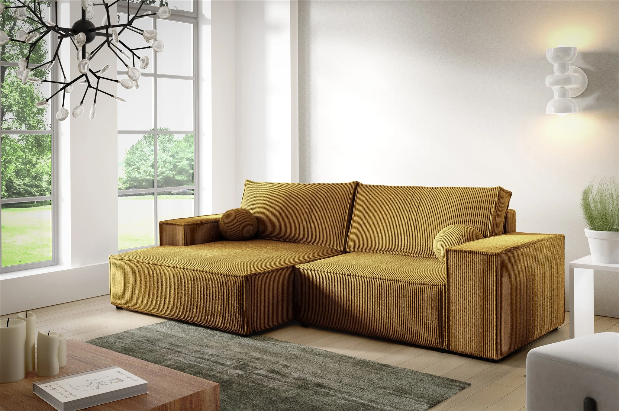 Ecksofa Schlafsofa CORUNIA XS Stoff Poso Honiggelb Ottomane Links - Fun Möbel