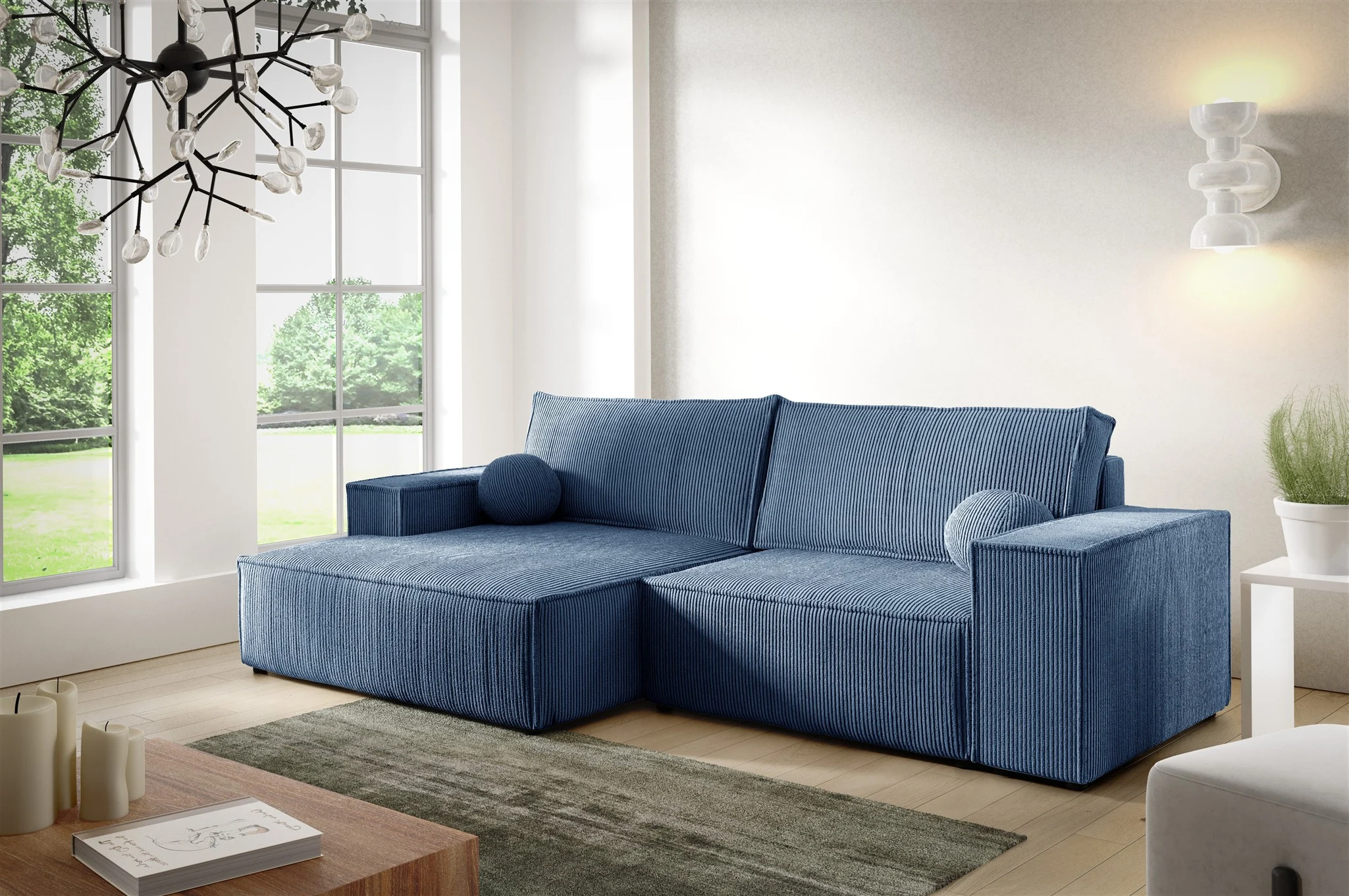 Ecksofa Schlafsofa CORUNIA XS Stoff Poso Blau Ottomane Links - Fun Möbel