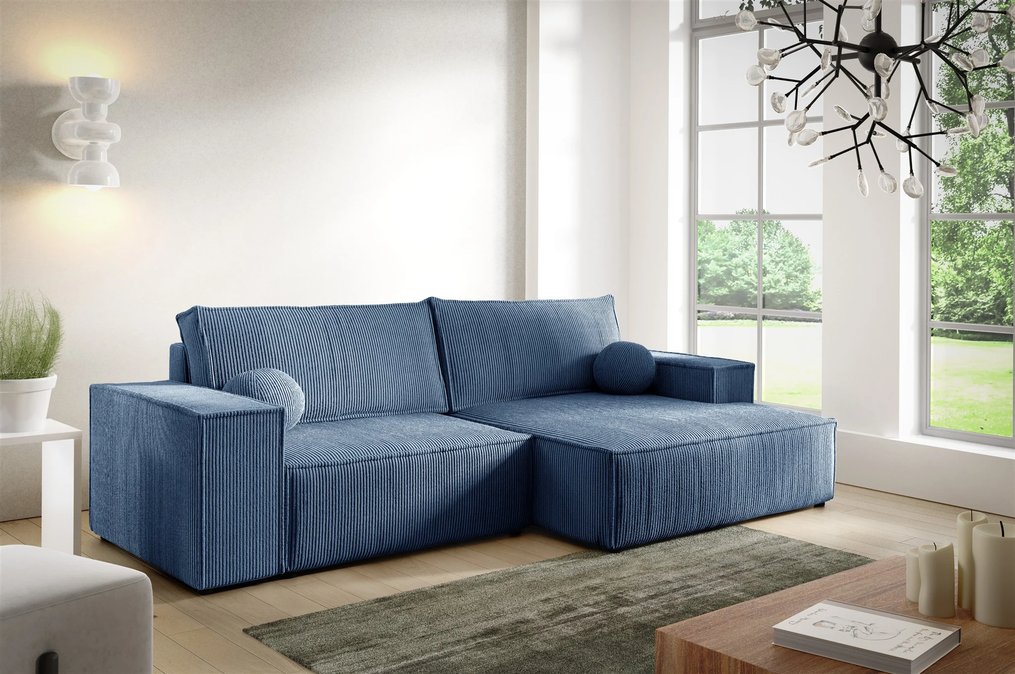 Ecksofa Schlafsofa CORUNIA XS Stoff Poso Blau Ottomane Rechts - Fun Möbel