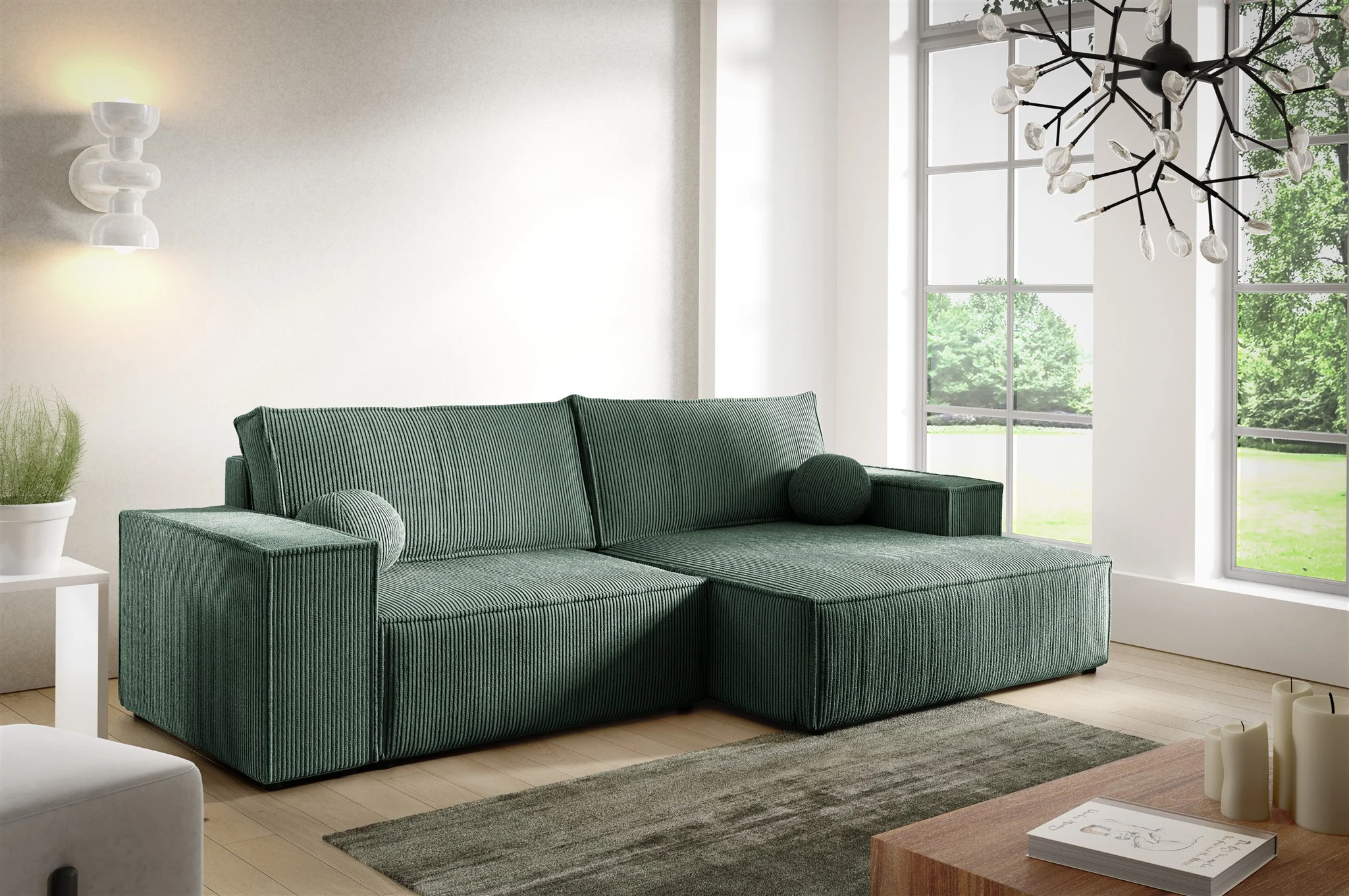 Ecksofa Schlafsofa CORUNIA XS Stoff Poso Grün Ottomane Rechts - Fun Möbel