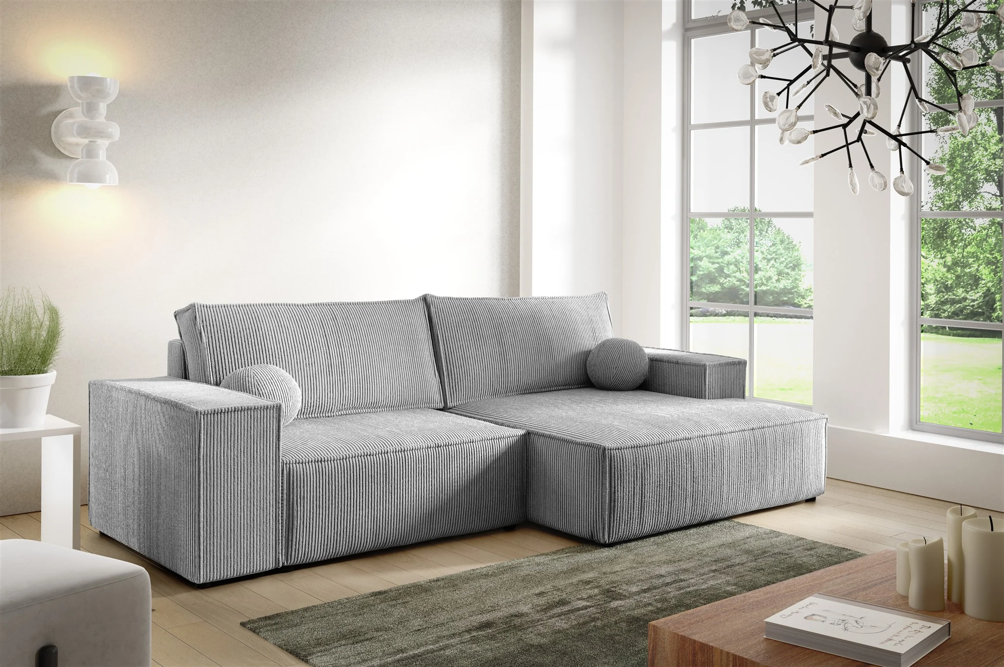 Ecksofa Schlafsofa CORUNIA XS Stoff Poso Graublau Ottomane Rechts - Fun Möbel