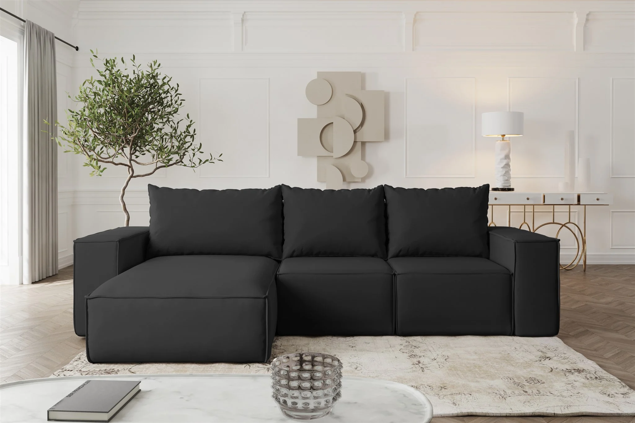 Ecksofa mit Schlaffunktion ESTELLE Stoff Opera Velvet Schwarz Ottomane Links - Fun Möbel