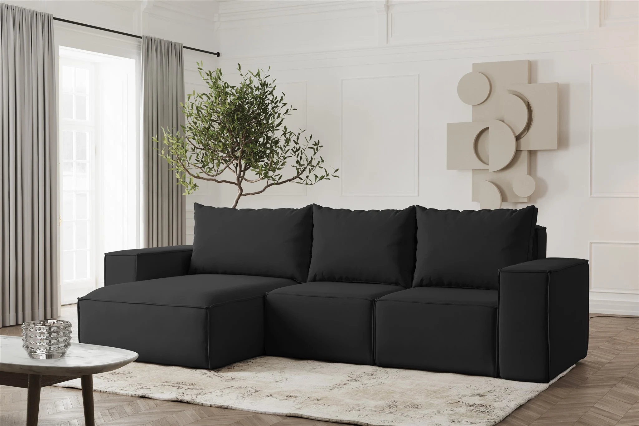 Ecksofa Designersofa ESTELLE in Stoff Opera Velvet Schwarz Ottomane Links - Fun Möbel