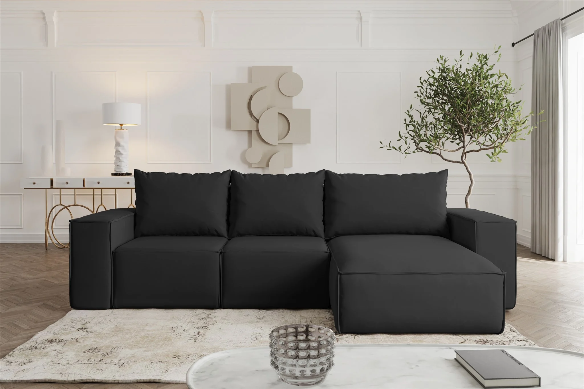 Ecksofa mit Schlaffunktion ESTELLE Stoff Opera Velvet Schwarz Ottomane Rechts - Fun Möbel