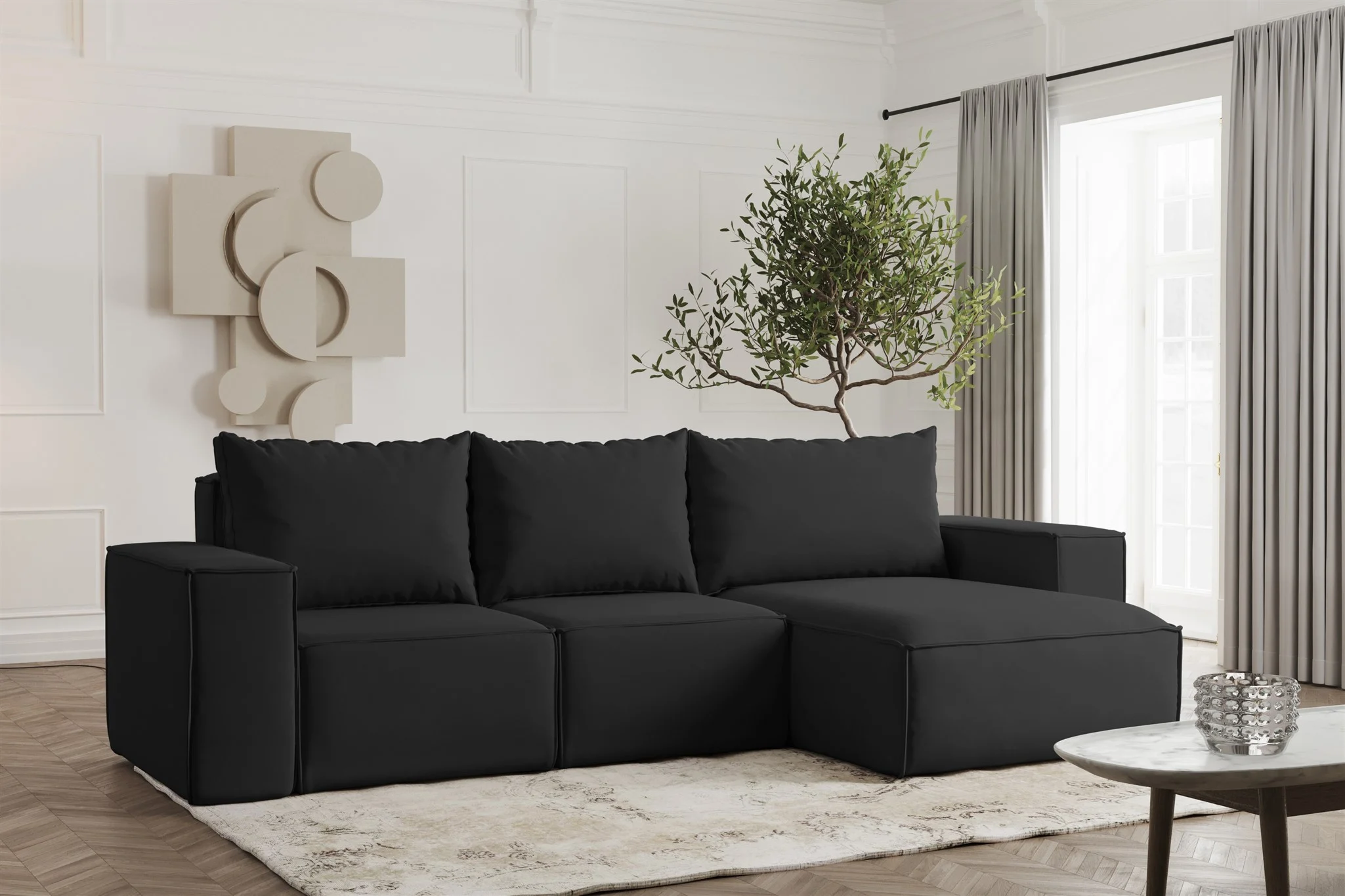Ecksofa Designersofa ESTELLE in Stoff Opera Velvet Schwarz Ottomane Rechts - Fun Möbel