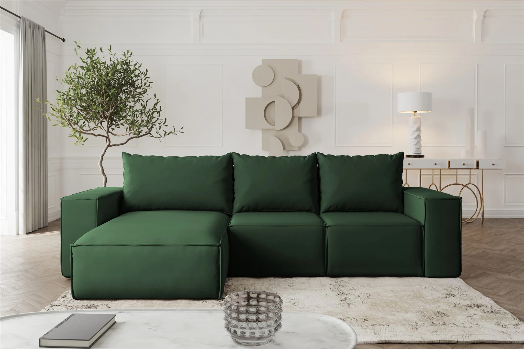 Ecksofa mit Schlaffunktion ESTELLE Stoff Opera Velvet Dunkelgrün Ottomane Links - Fun Möbel
