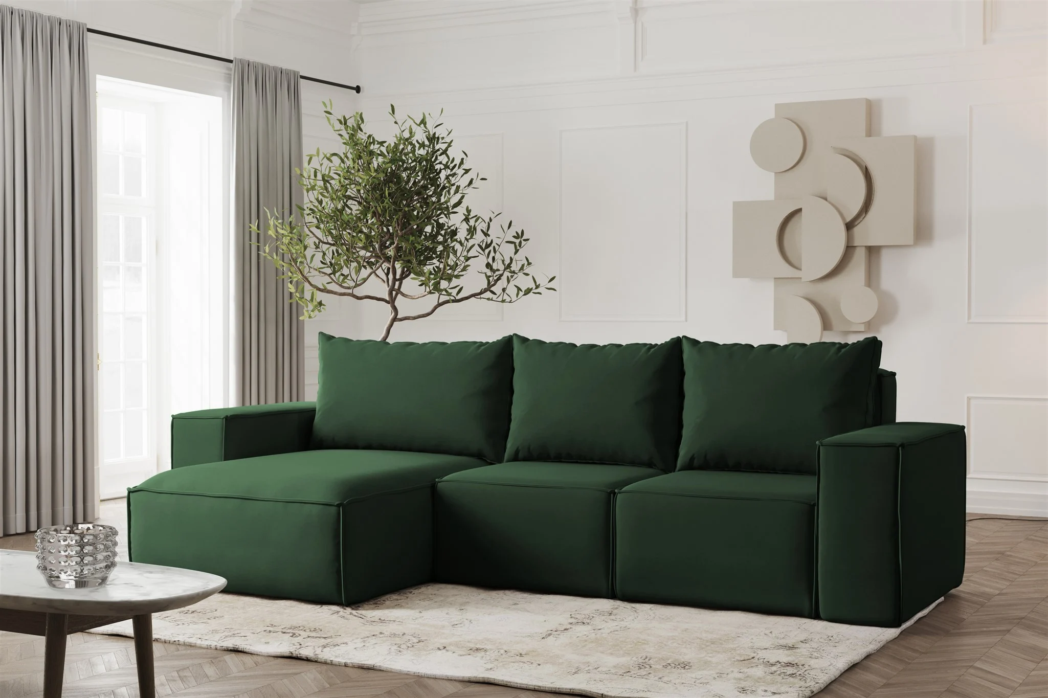 Ecksofa Designersofa ESTELLE in Stoff Opera Velvet Dunkelgrün Ottomane Links - Fun Möbel