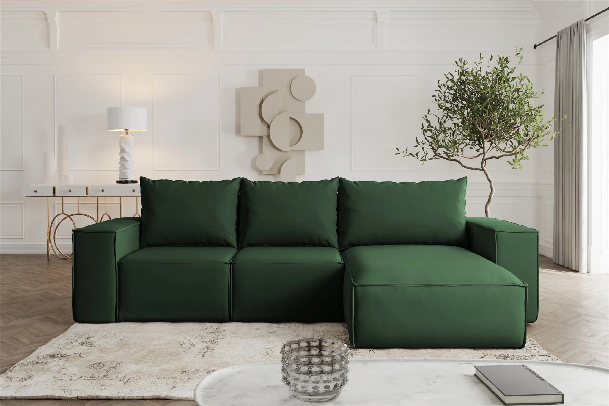 Ecksofa mit Schlaffunktion ESTELLE Stoff Opera Velvet Dunkelgrün Ottomane Rechts - Fun Möbel