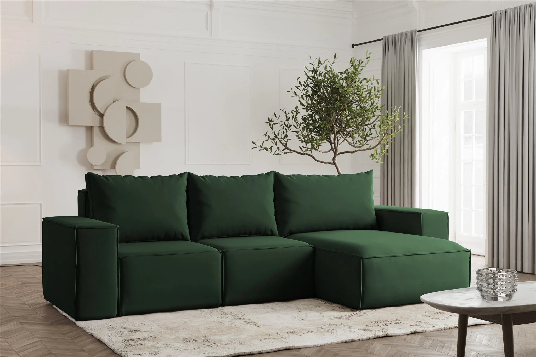Ecksofa Designersofa ESTELLE in Stoff Opera Velvet Dunkelgrün Ottomane Rechts - Fun Möbel