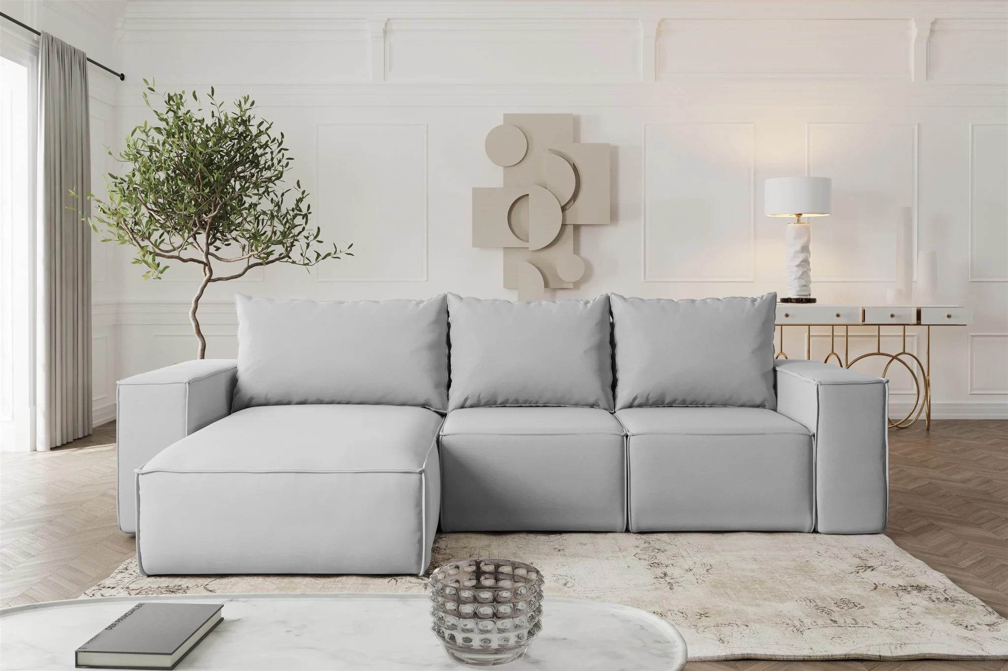 Ecksofa mit Schlaffunktion ESTELLE in Stoff Opera Velvet Hellgrau Ottomane Links - Fun Möbel