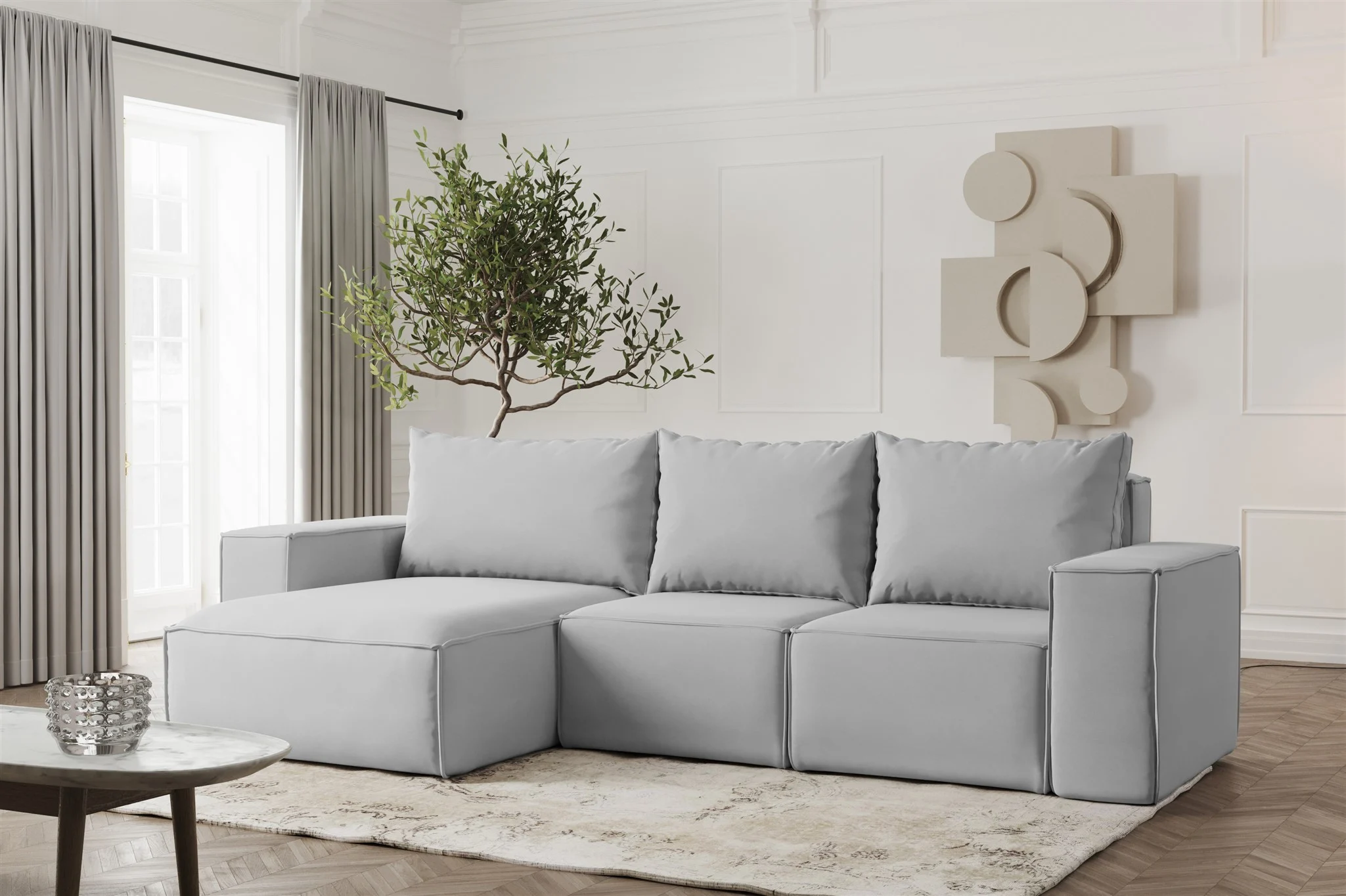 Ecksofa Designersofa ESTELLE in Stoff Opera Velvet Hellgrau Ottomane Links - Fun Möbel