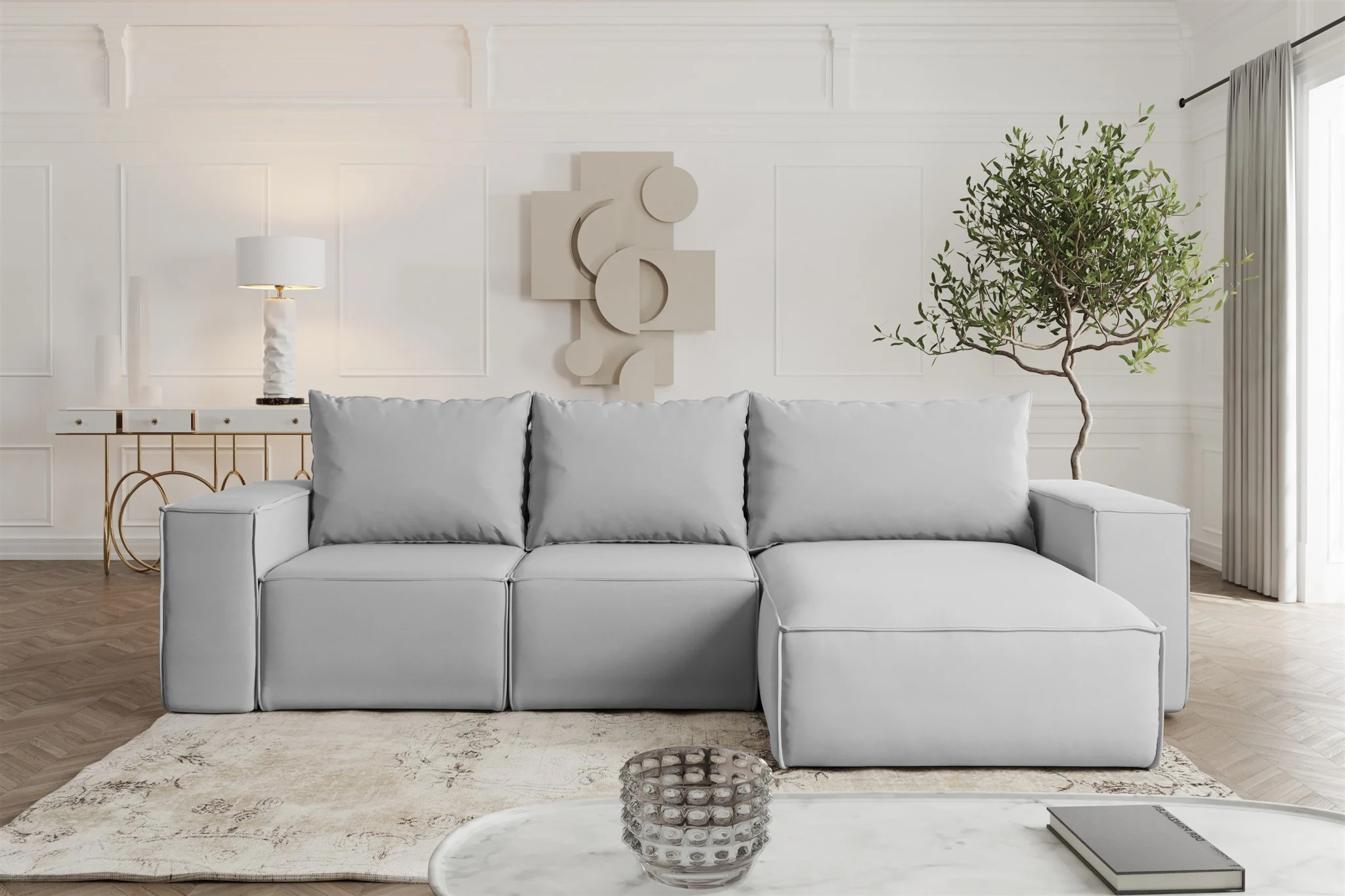 Ecksofa mit Schlaffunktion ESTELLE Stoff Opera Velvet Hellgrau Ottomane Rechts - Fun Möbel