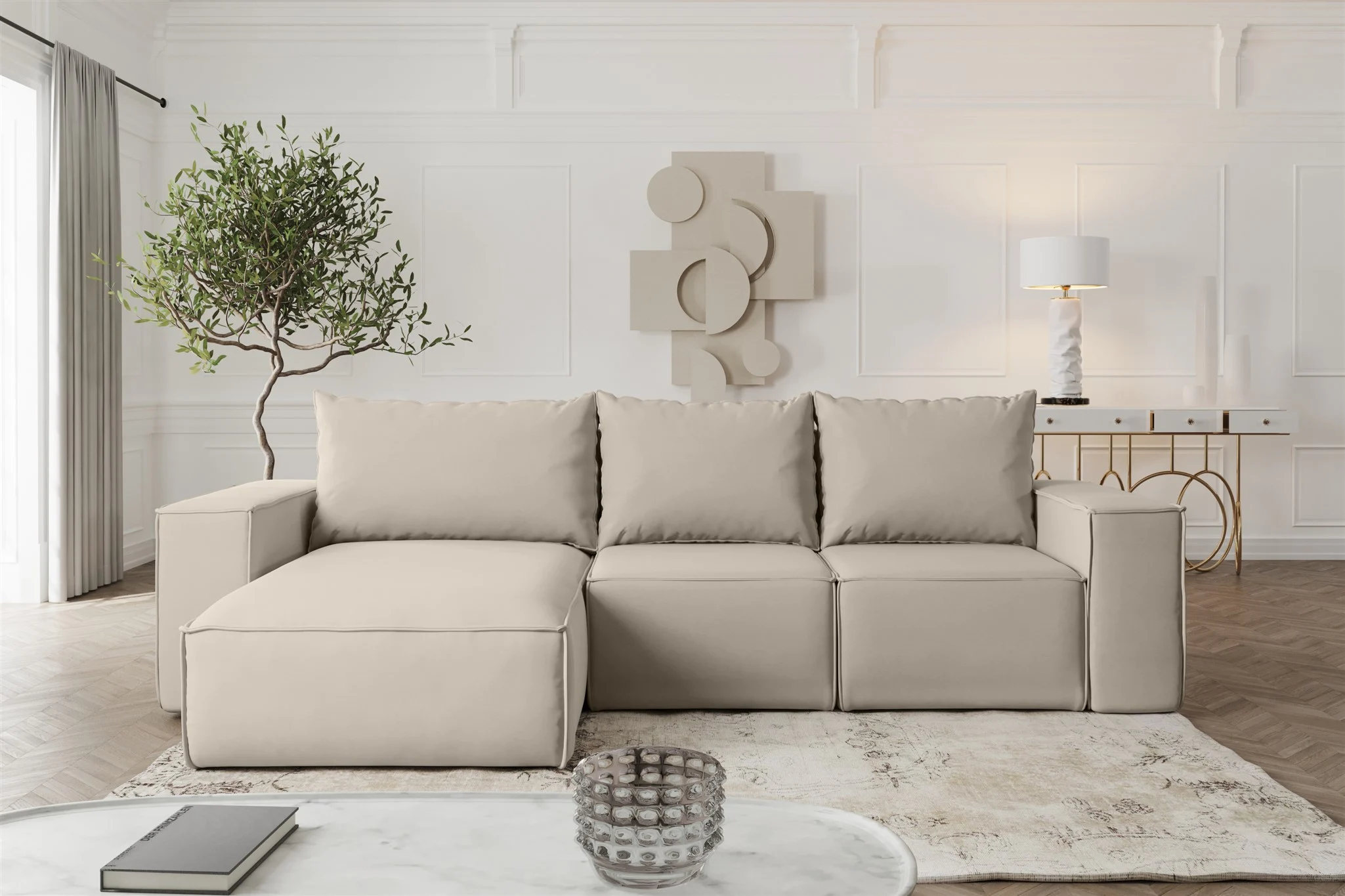 Ecksofa mit Schlaffunktion ESTELLE in Stoff Opera Velvet Pearl Ottomane Links - Fun Möbel