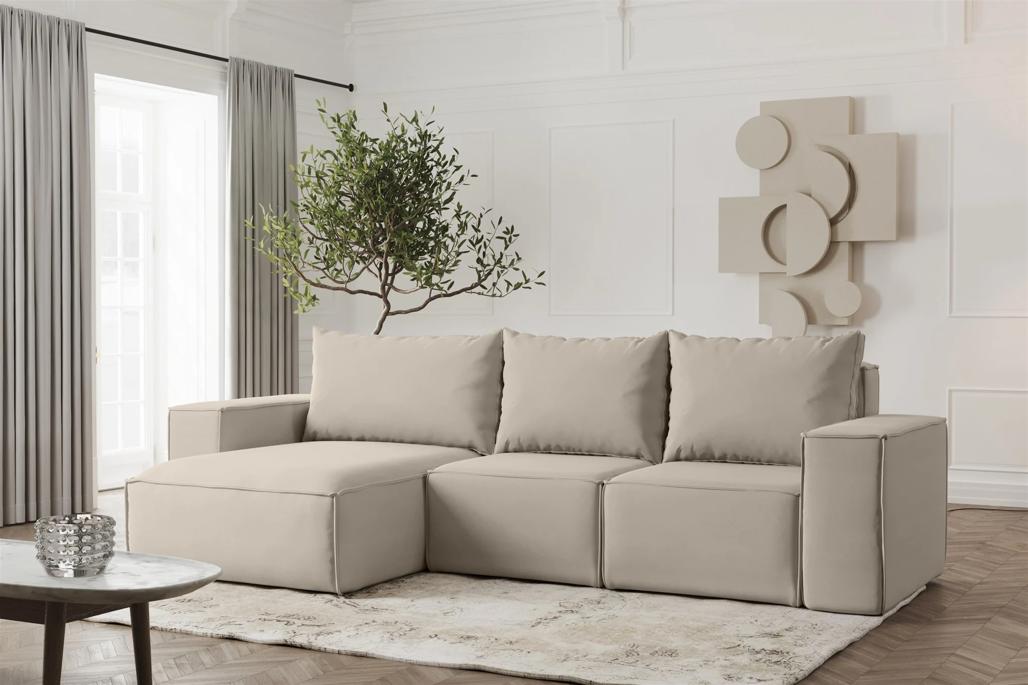 Ecksofa Designersofa ESTELLE in Stoff Opera Velvet Pearl Ottomane Links - Fun Möbel