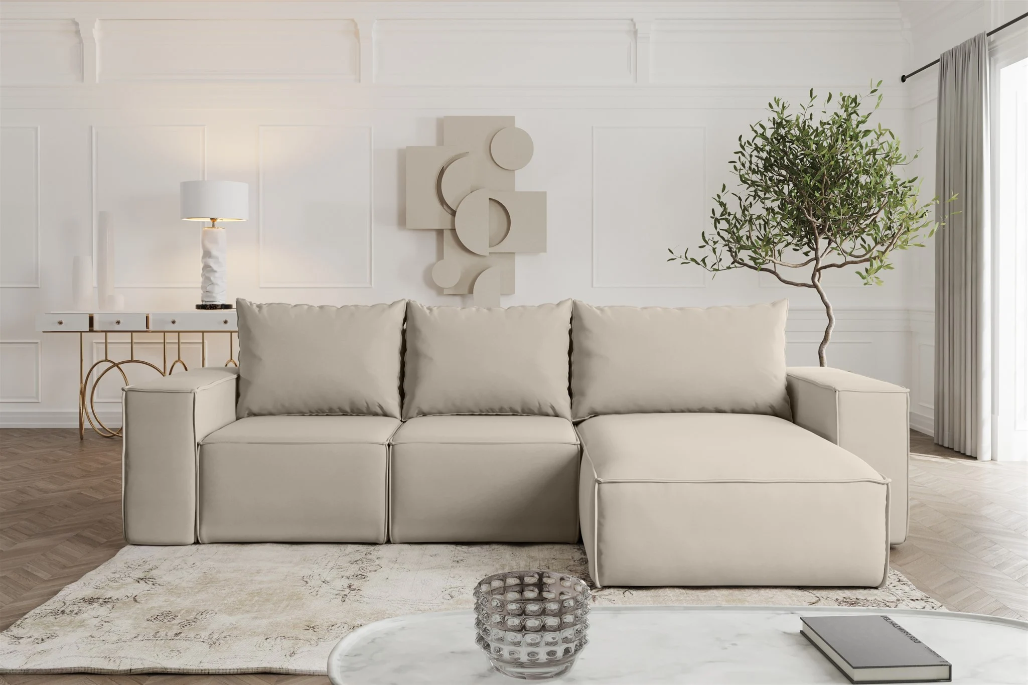 Ecksofa mit Schlaffunktion ESTELLE in Stoff Opera Velvet Pearl Ottomane Rechts - Fun Möbel